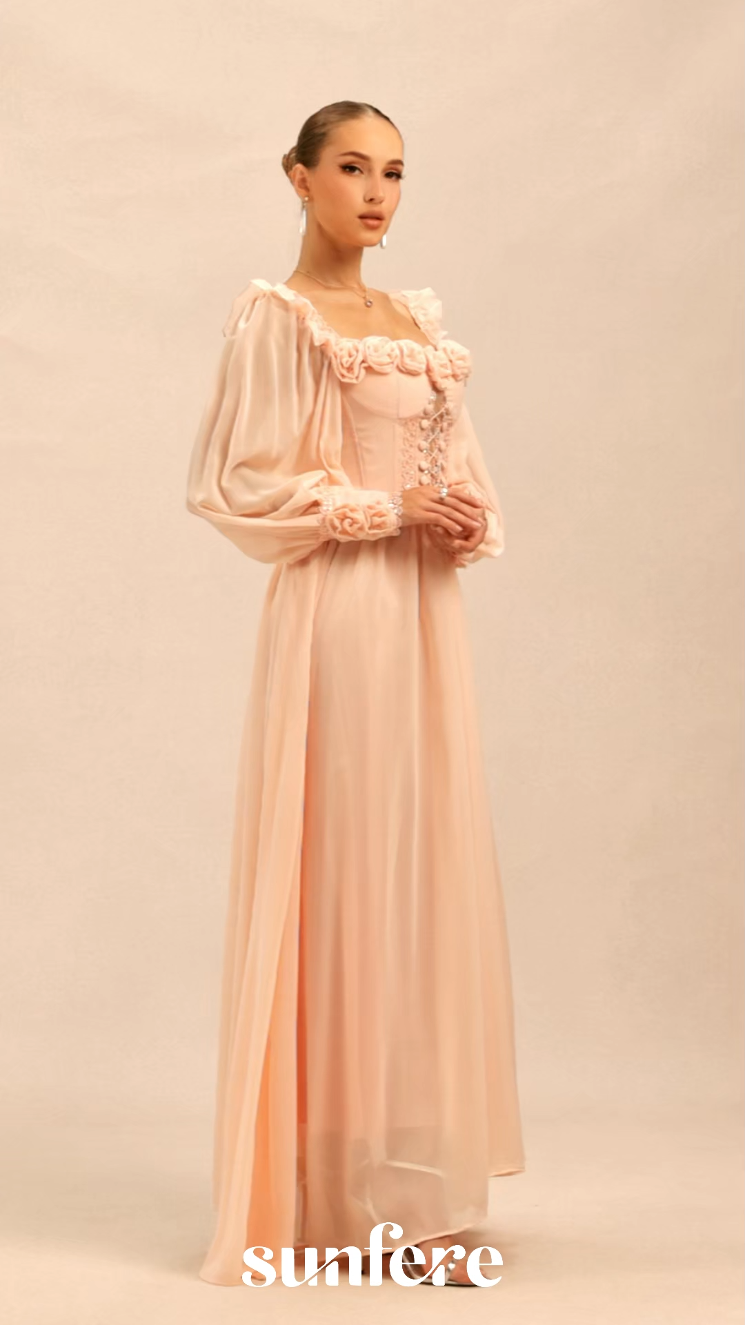 Enticing Aesthetic Apricot Rosette Trim Maxi Dress