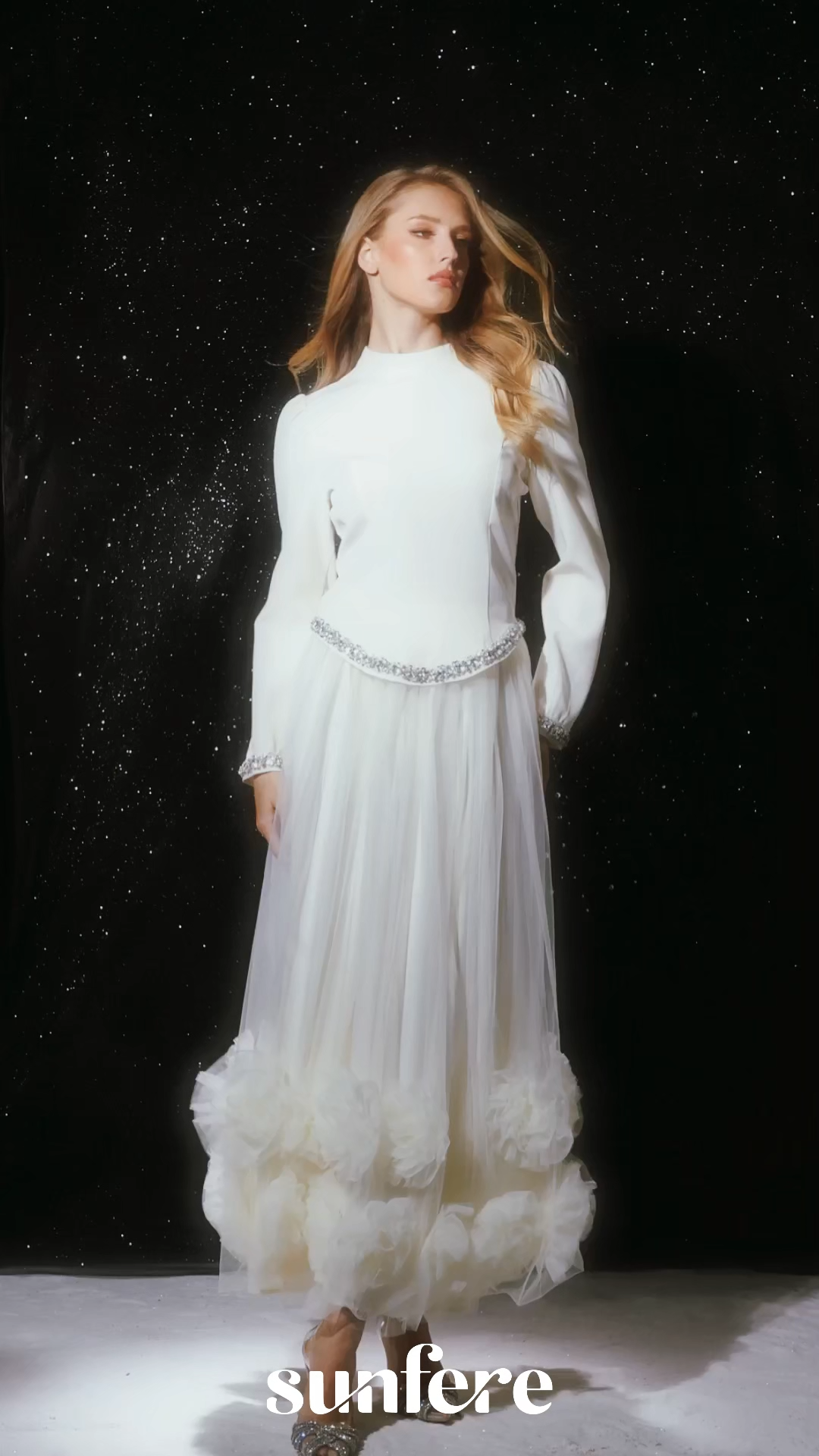 Sophisticated Night Crystal Embellished Hem Top & 3D Flower Skirt Set