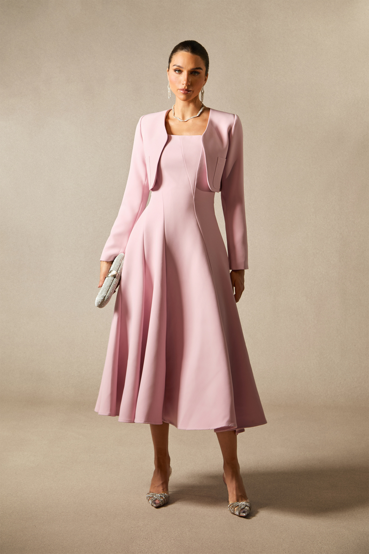 sunfere Cora Cropped Jacket Spaghetti Strap Midi Dress Set or Elevated Crepe Day-to-Night Occasion Dress