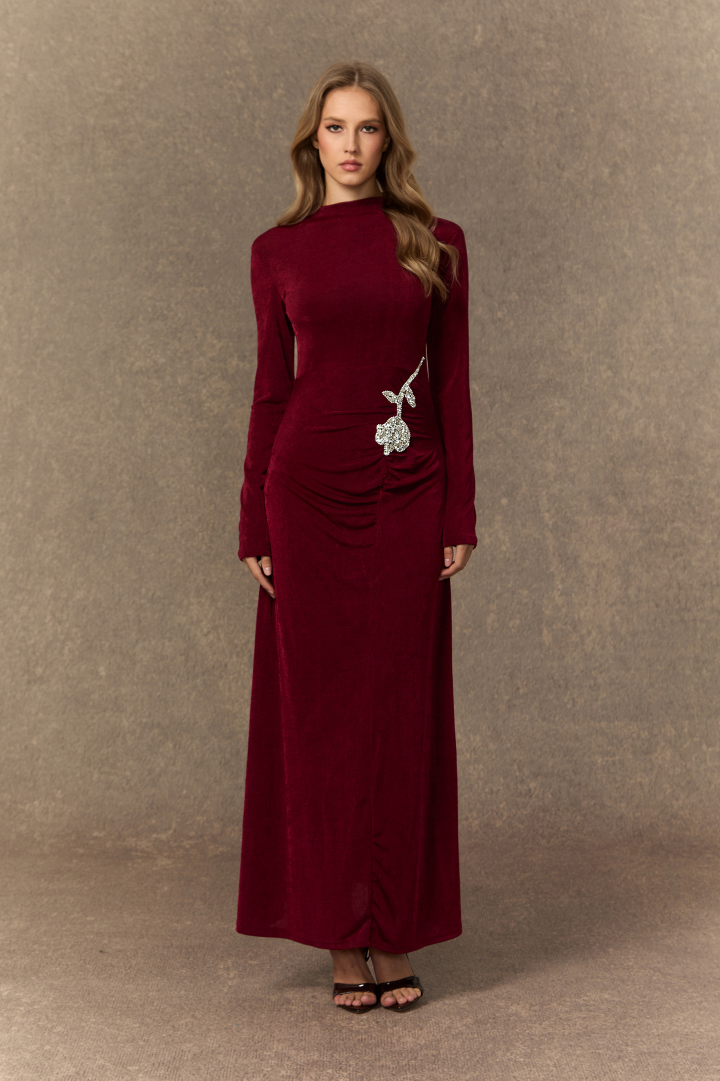 sunfere Adoring Me Burgundy Crystal Rose Ruched Maxi Dress