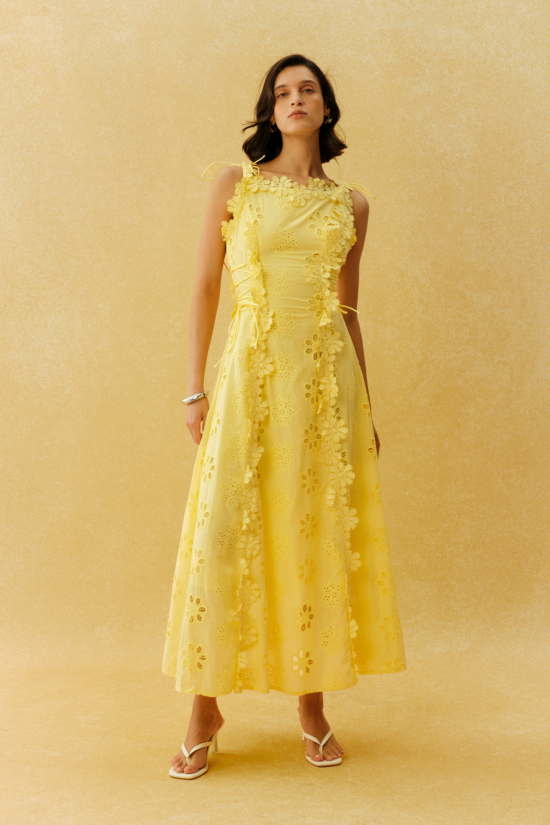 Runaway Darling Yellow Floral Embroidery Tie Strap Maxi Dress