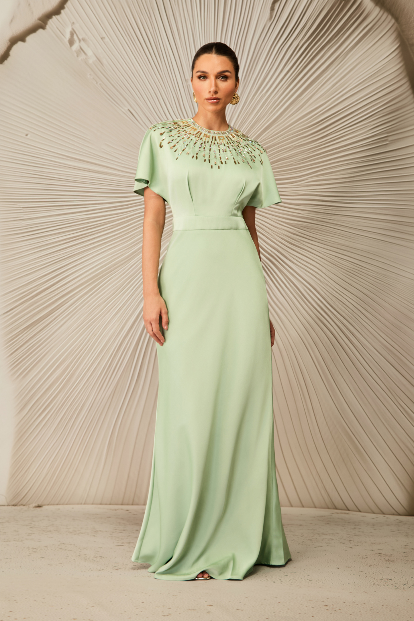 sunfere Cynthia Crystal Embellished Short Sleeve Satin Maxi Dress or Structured Crystal-Detail Short Sleeve Column Maxi Dress
