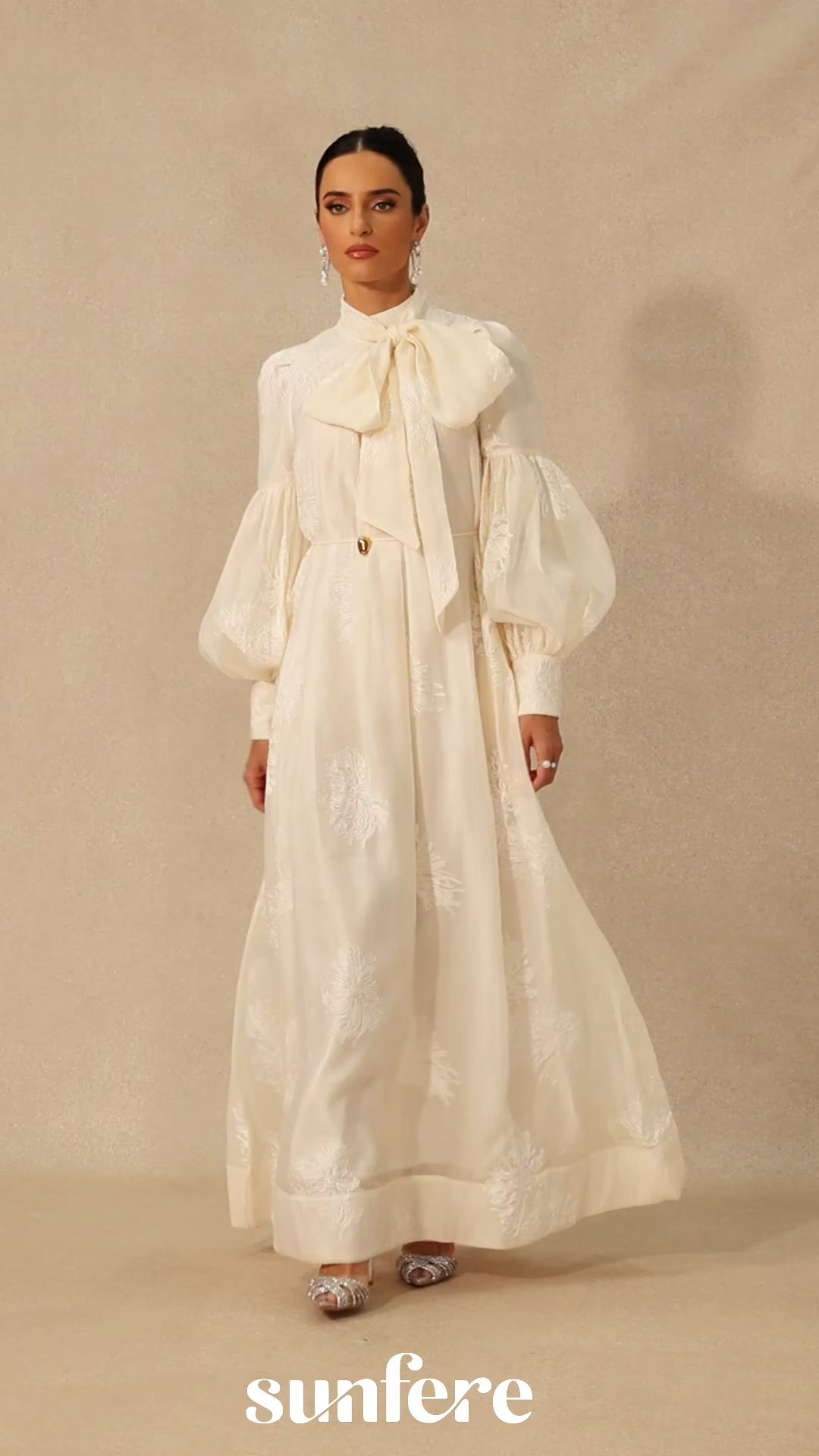 Lydia Floral Embroidered Tie Neck Maxi Dress