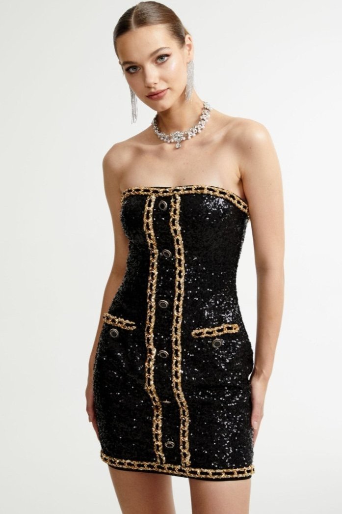 Freda Embroidered Sequins Strapless Mini Dress-Sunfere