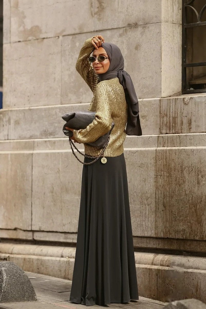 Metallic-trim sweater-knit skirt suit hotsell