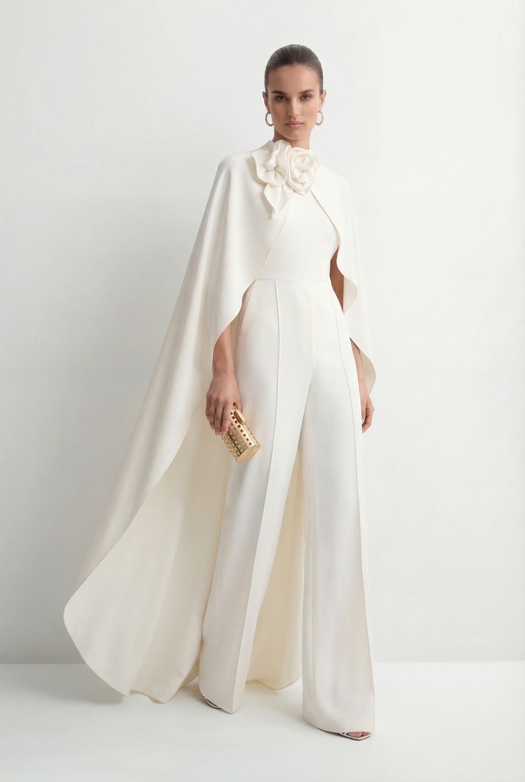 Fabulous Intuition White Floral Applique Cape & Jumpsuit Set