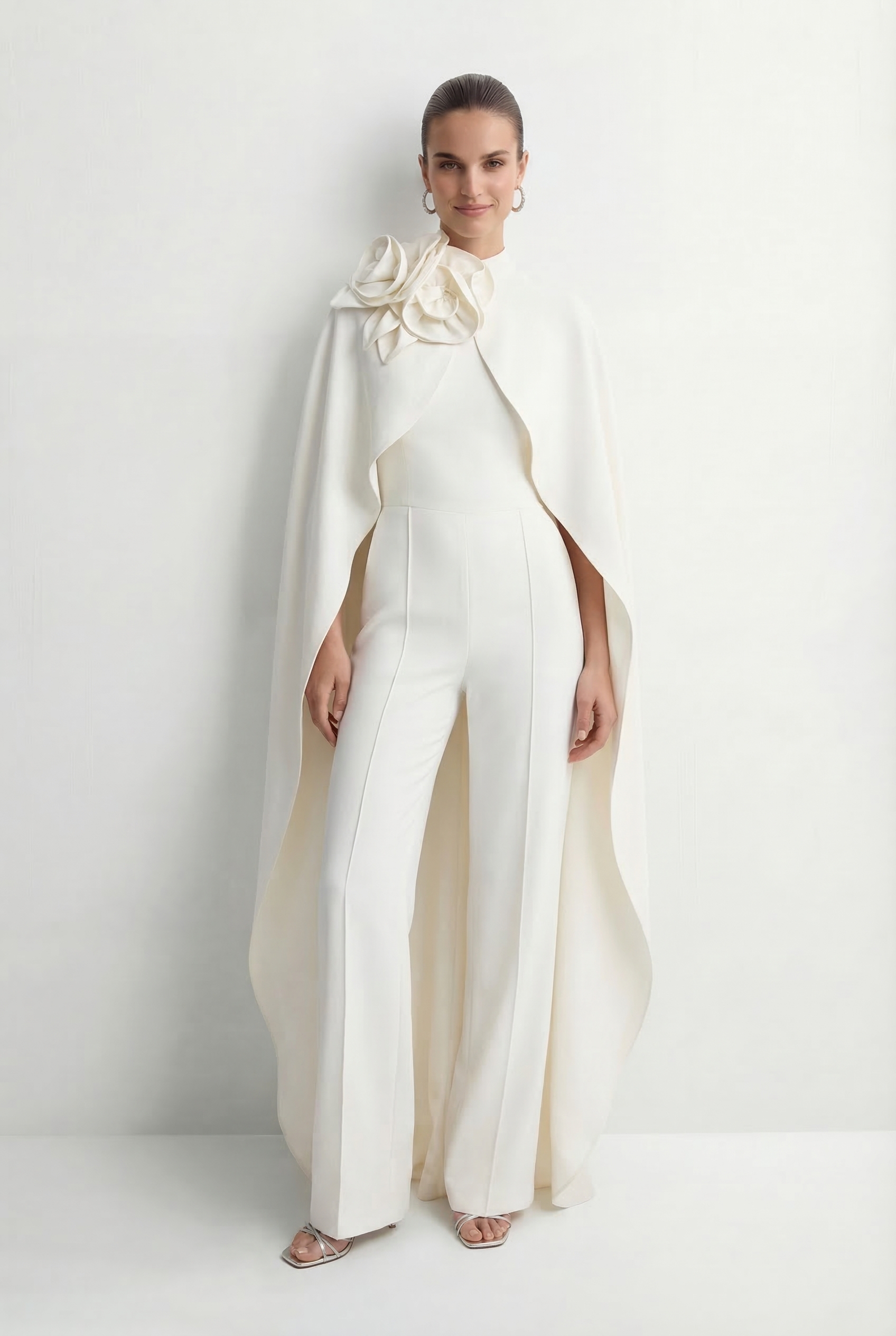 Fabulous Intuition White Floral Applique Cape & Jumpsuit Set