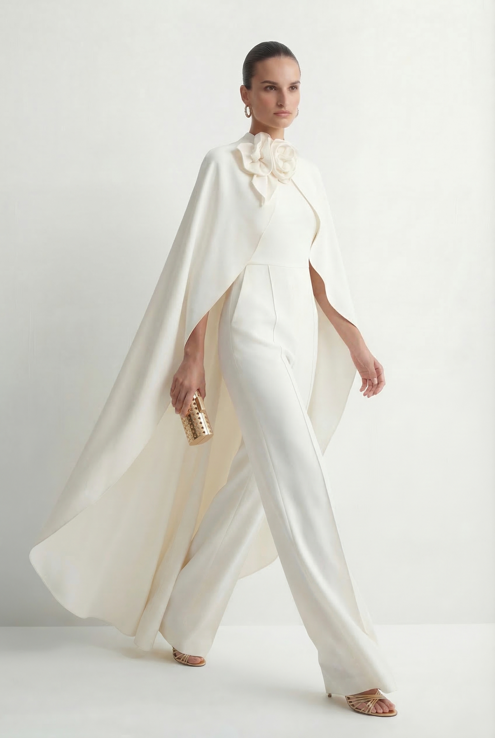 Fabulous Intuition White Floral Applique Cape & Jumpsuit Set