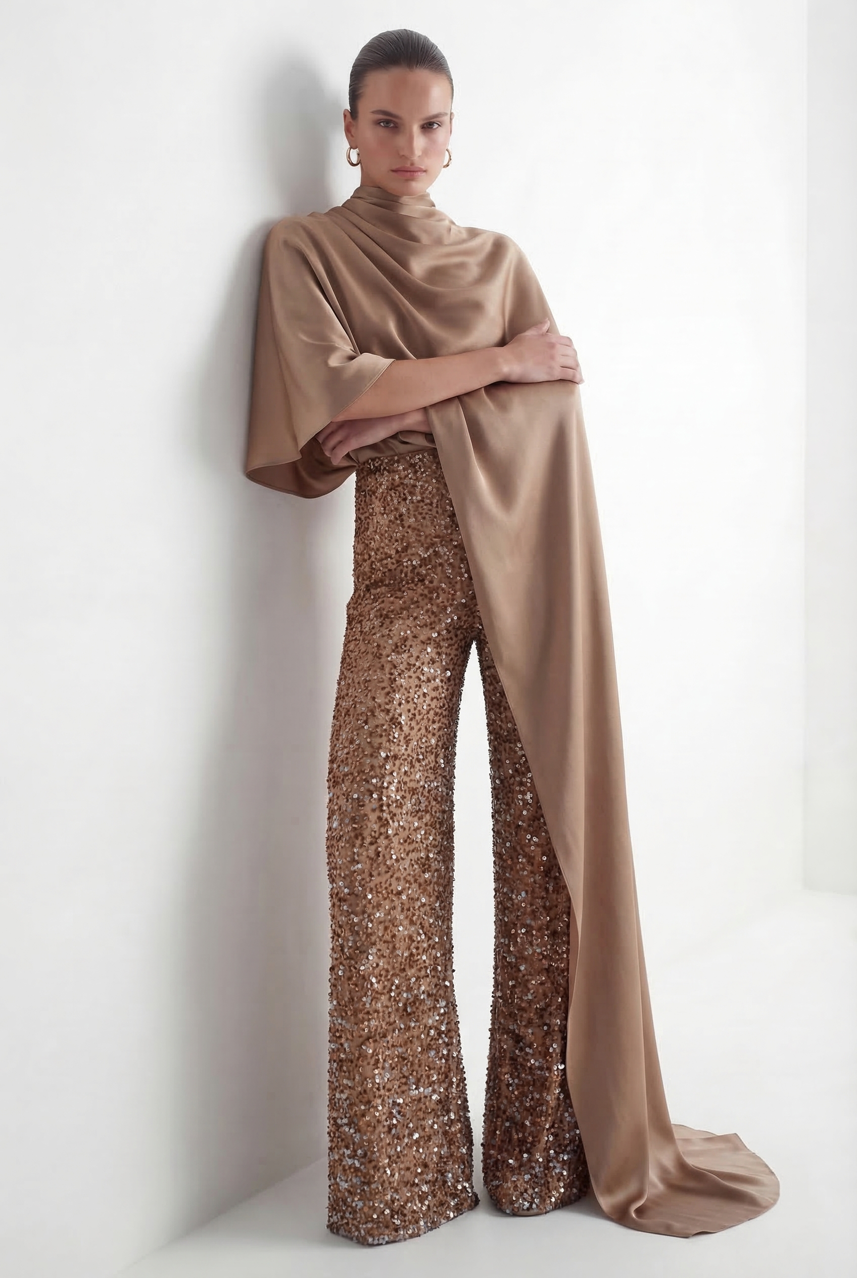 Immaculate Chicness Khaki Satin Cape Top & Sequin Pants Set
