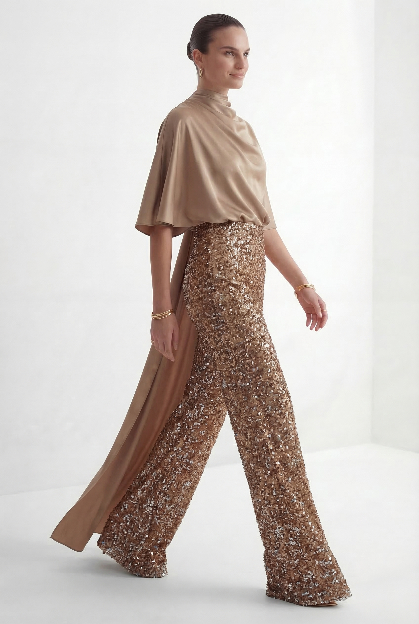 Immaculate Chicness Khaki Satin Cape Top & Sequin Pants Set