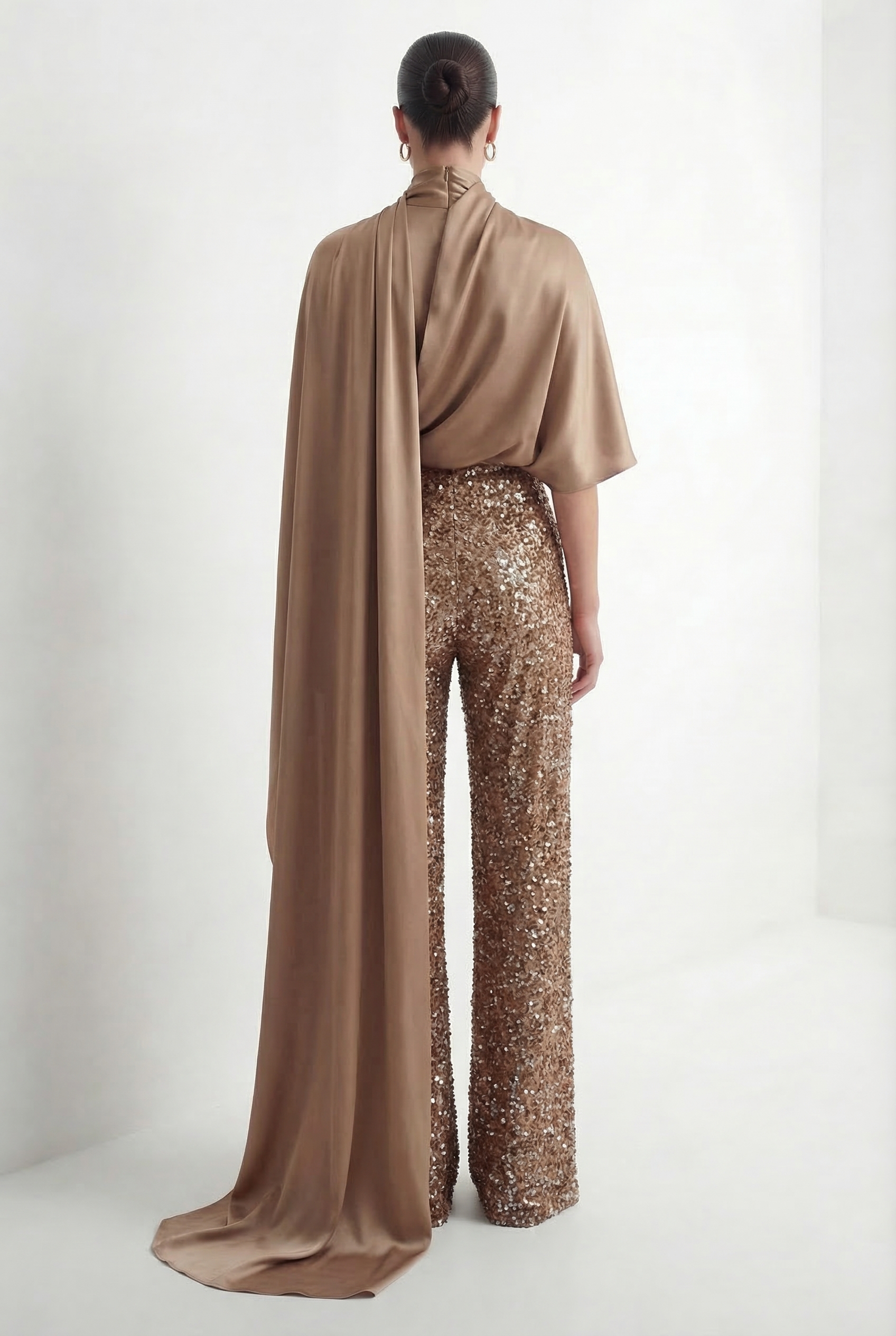 Immaculate Chicness Khaki Satin Cape Top & Sequin Pants Set