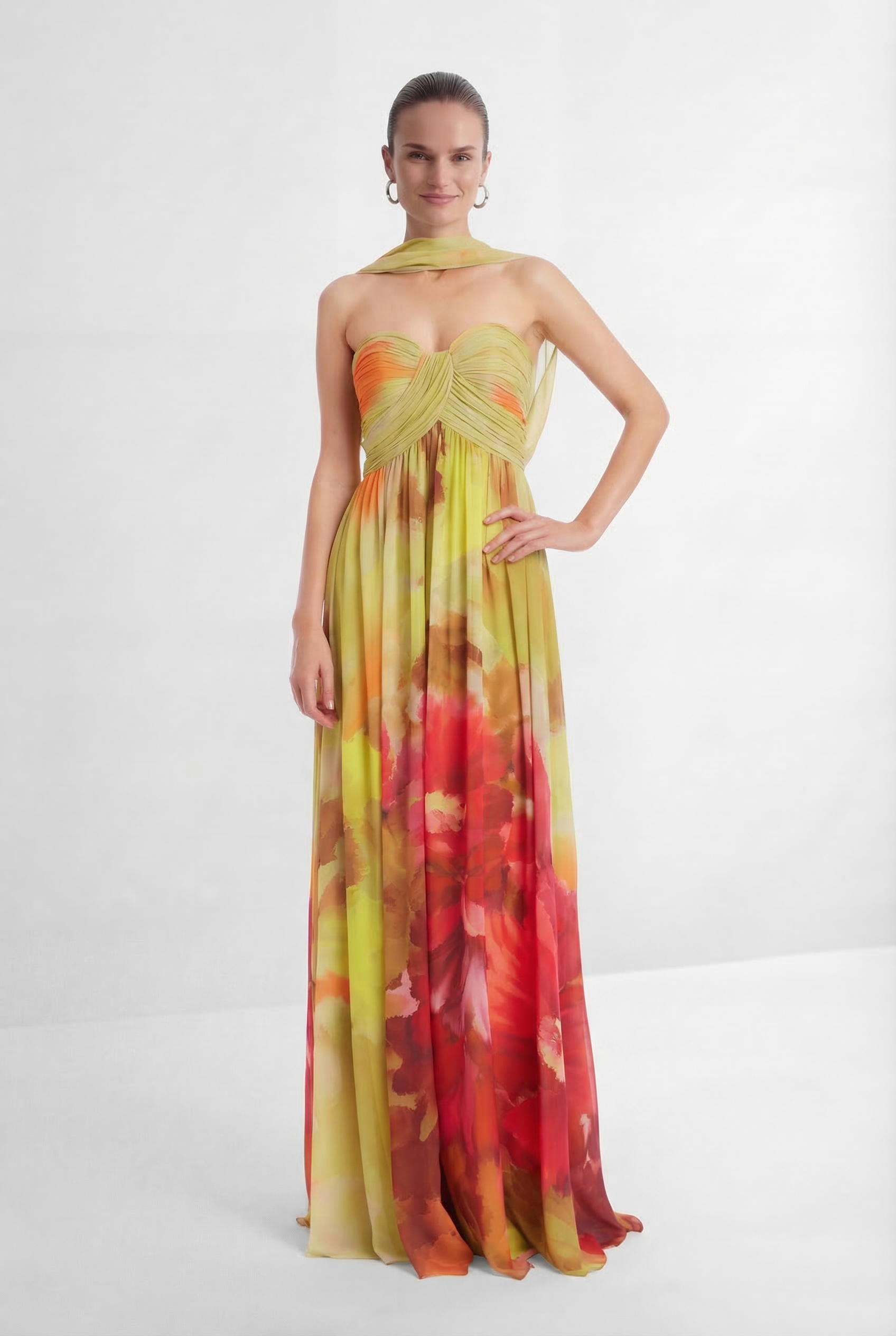 Truly Extraordinary Multi Floral Print Chiffon Maxi Dress with Scarf
