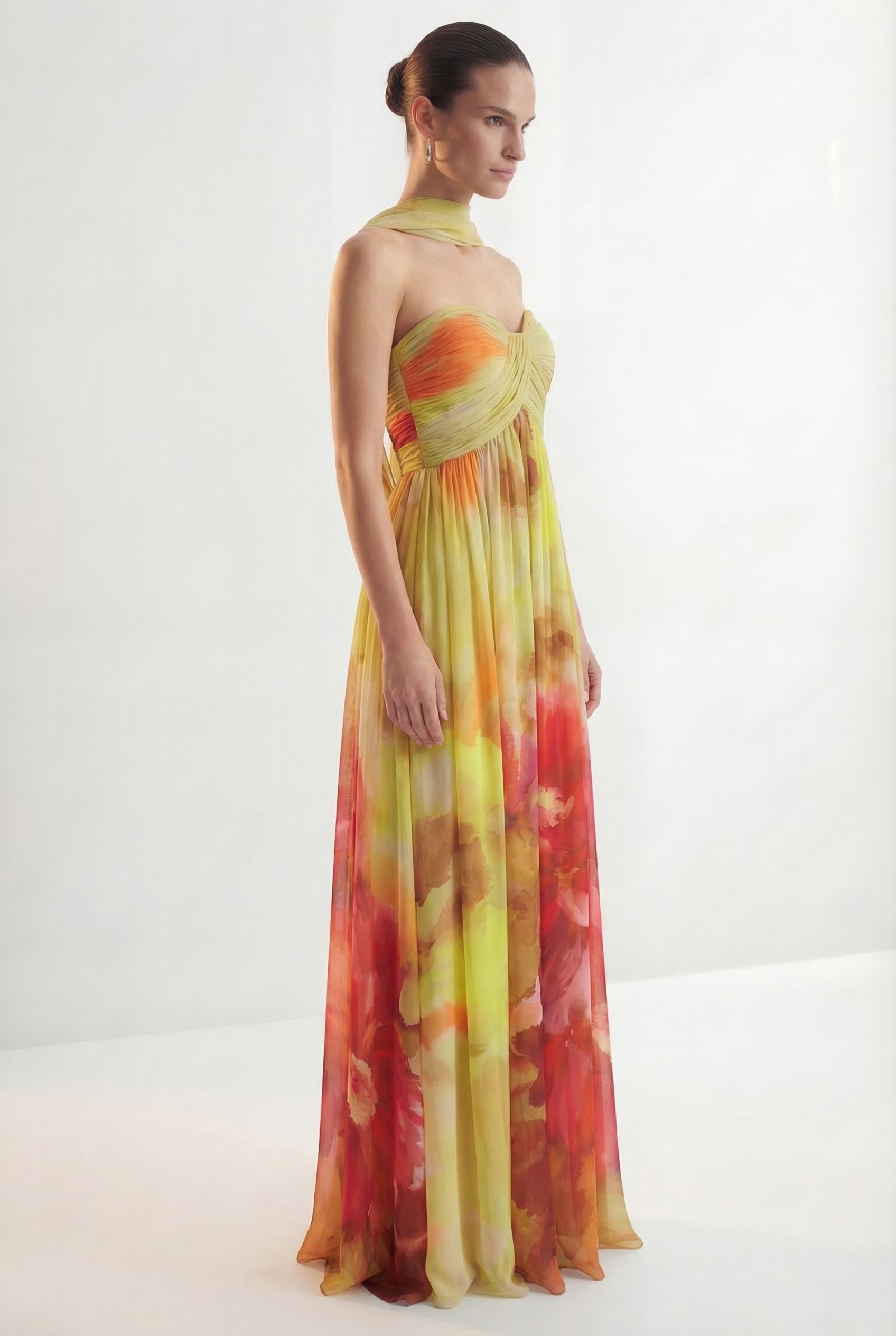 Truly Extraordinary Multi Floral Print Chiffon Maxi Dress with Scarf