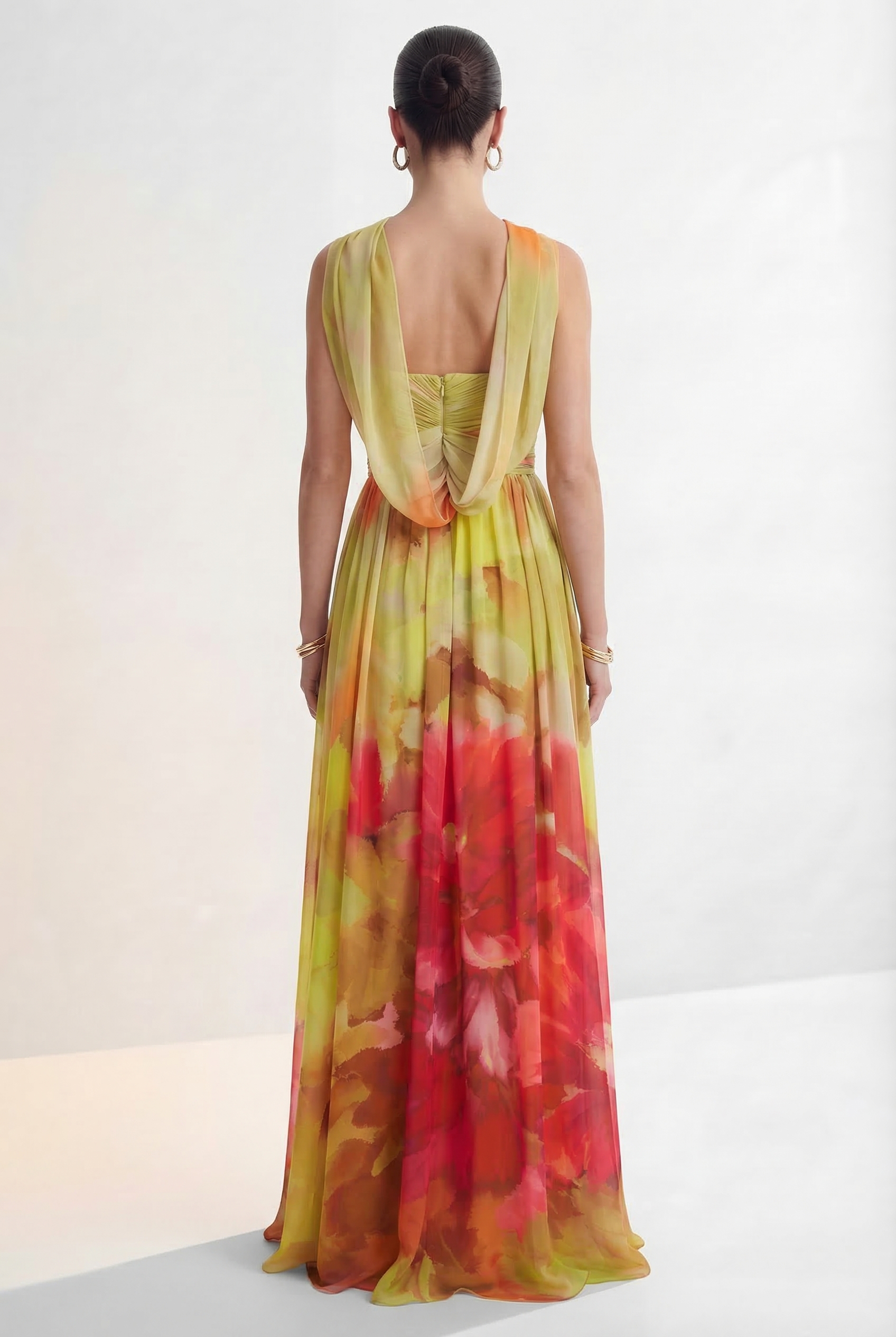 Truly Extraordinary Multi Floral Print Chiffon Maxi Dress with Scarf