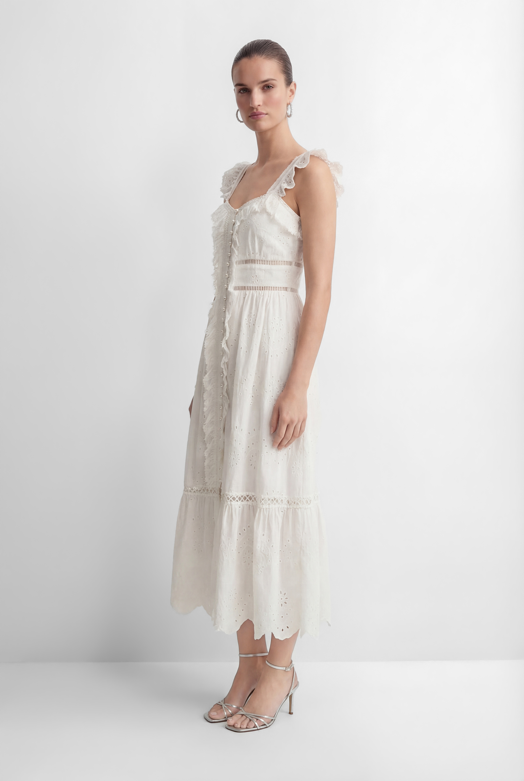 Coveted Confidence White Eyelet Embroidery Ruffled Strap Maxi Dress