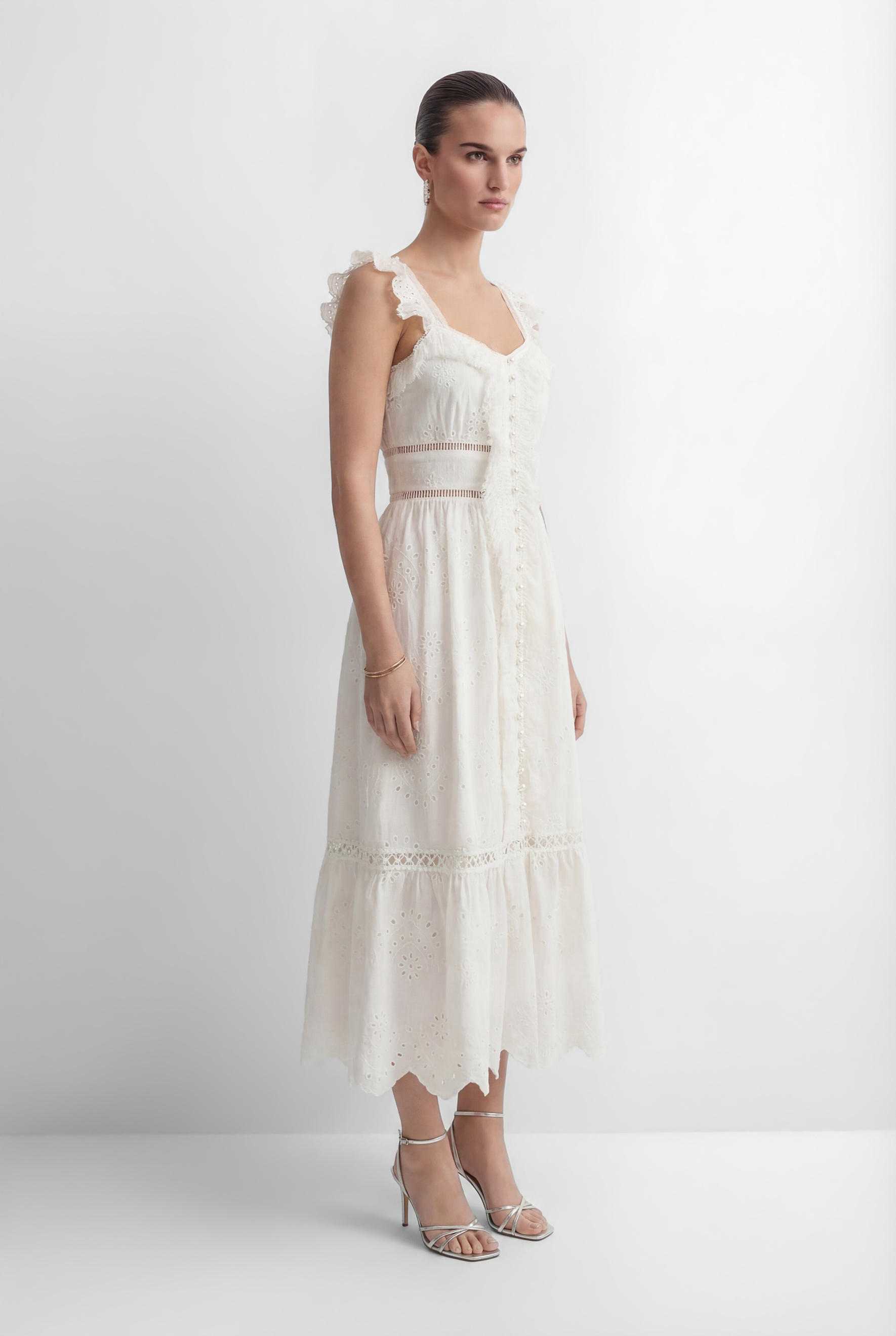 Coveted Confidence White Eyelet Embroidery Ruffled Strap Maxi Dress