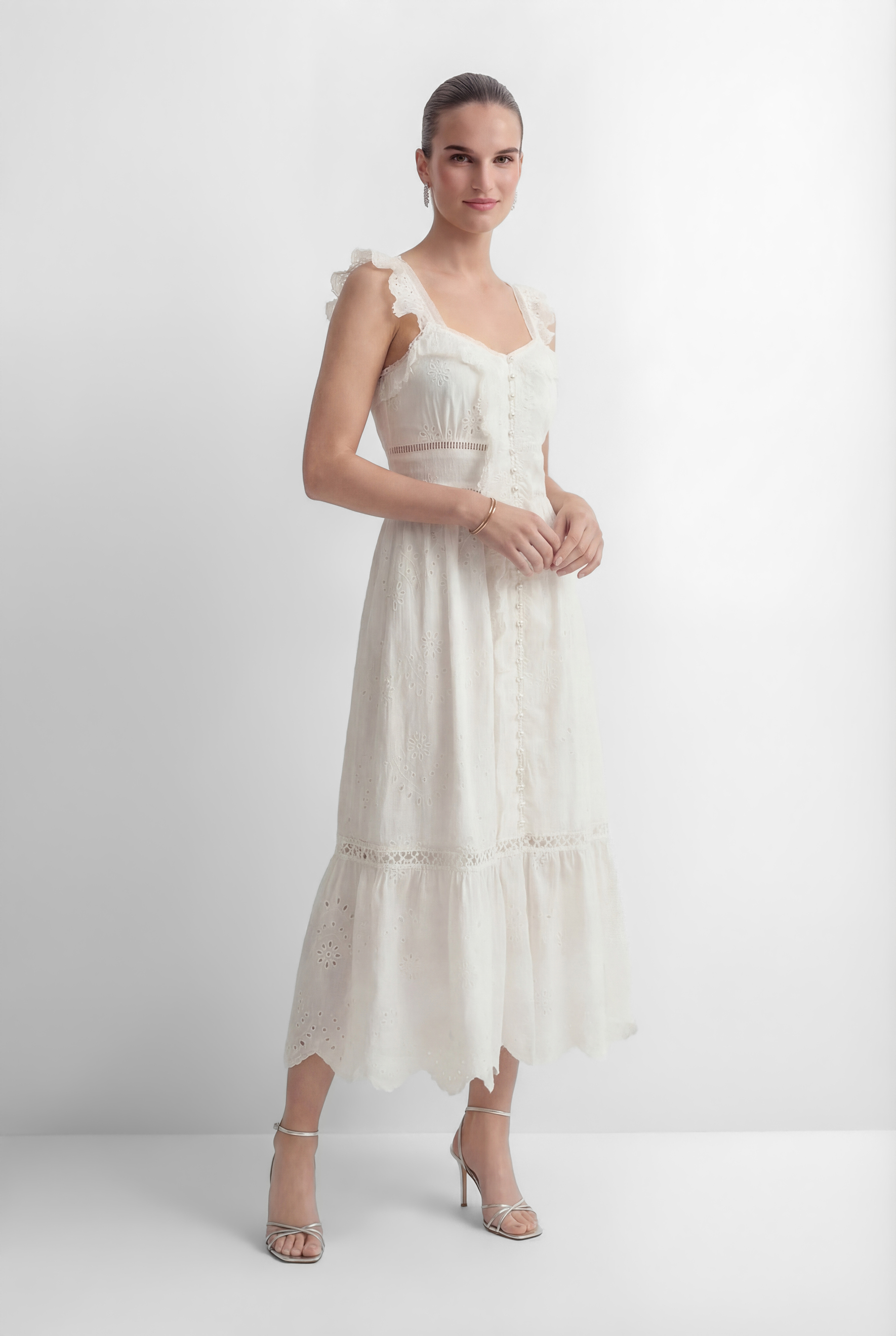 Coveted Confidence White Eyelet Embroidery Ruffled Strap Maxi Dress