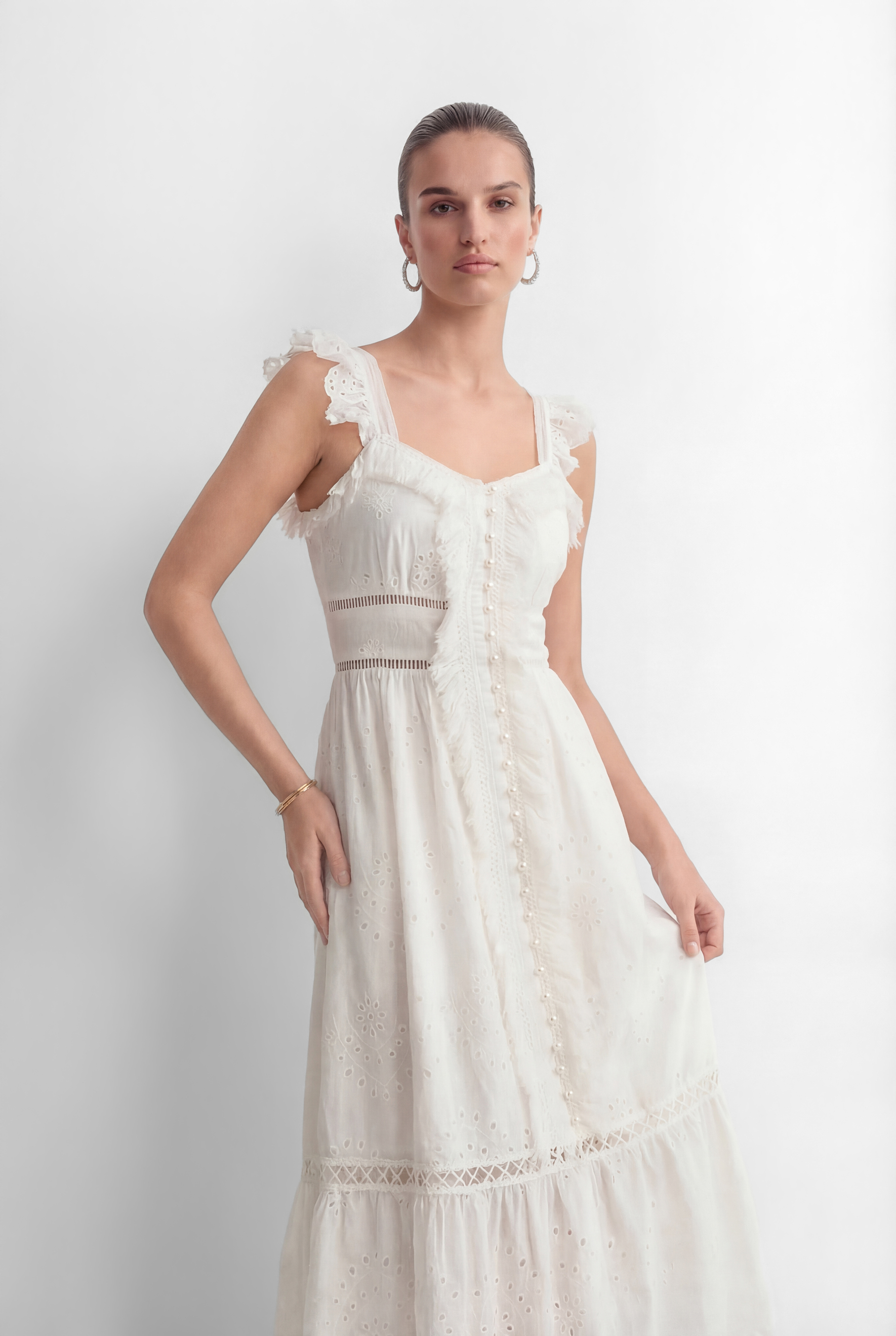 Coveted Confidence White Eyelet Embroidery Ruffled Strap Maxi Dress