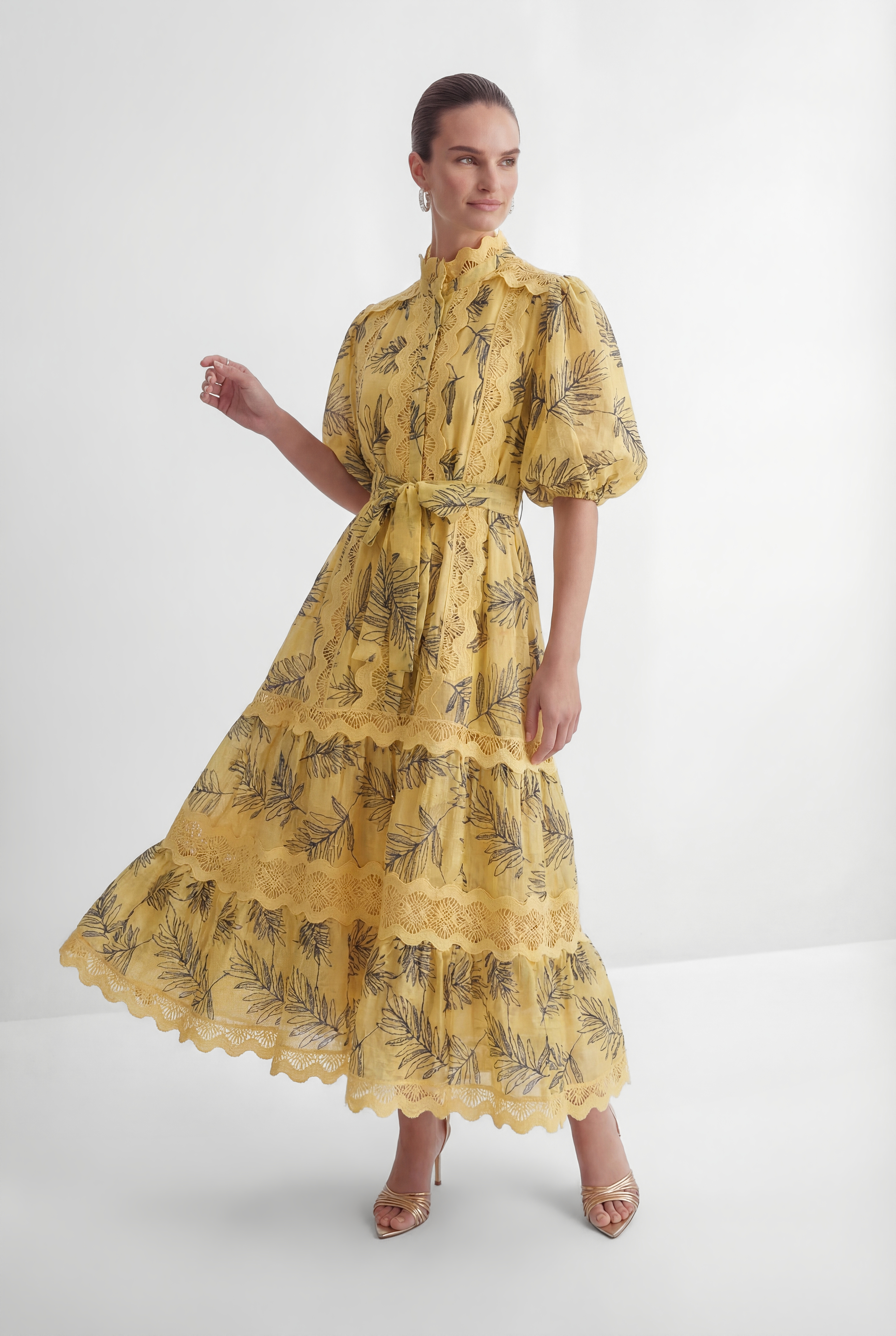 In The Palace Yellow Leaf Print Puff Sleeve Maxi Dress