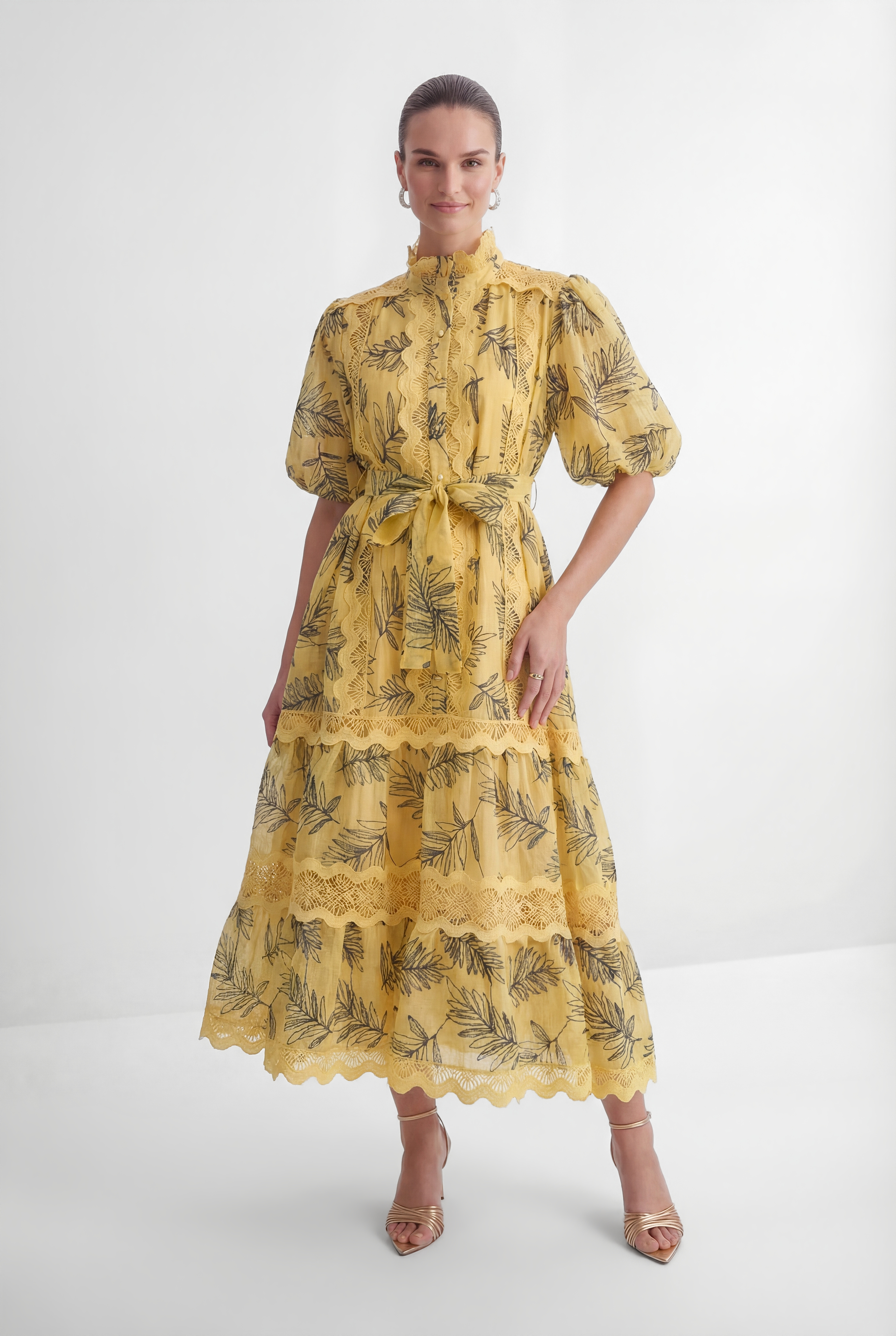 In The Palace Yellow Leaf Print Puff Sleeve Maxi Dress