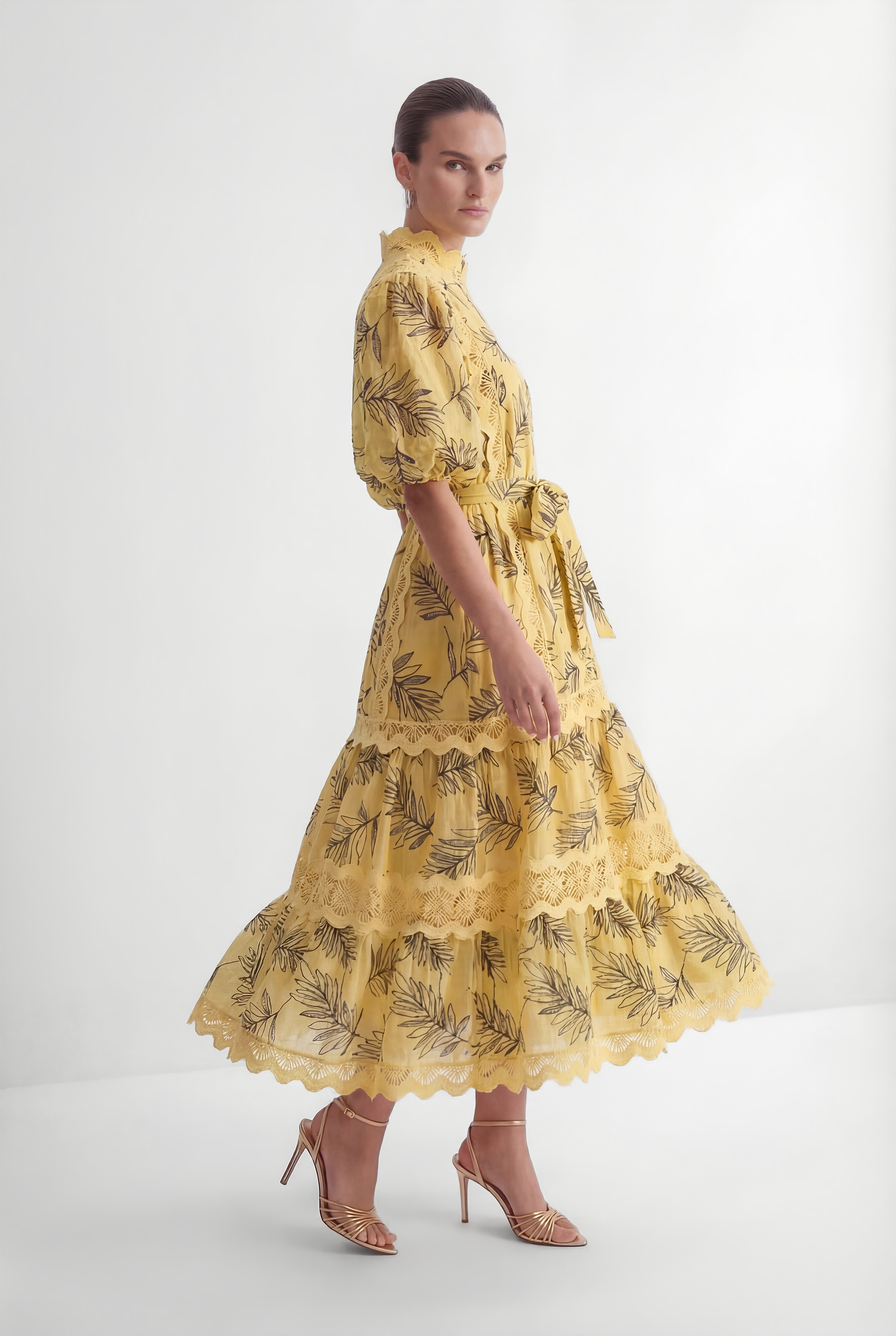 In The Palace Yellow Leaf Print Puff Sleeve Maxi Dress