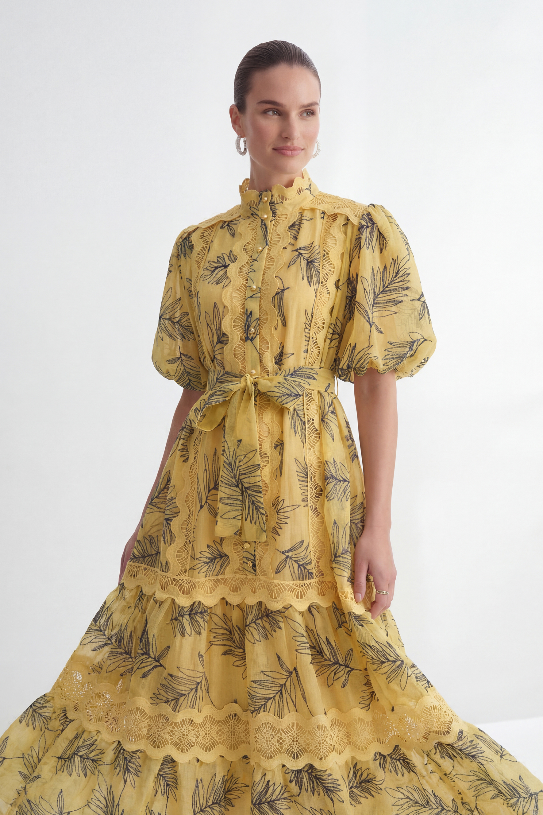 In The Palace Yellow Leaf Print Puff Sleeve Maxi Dress