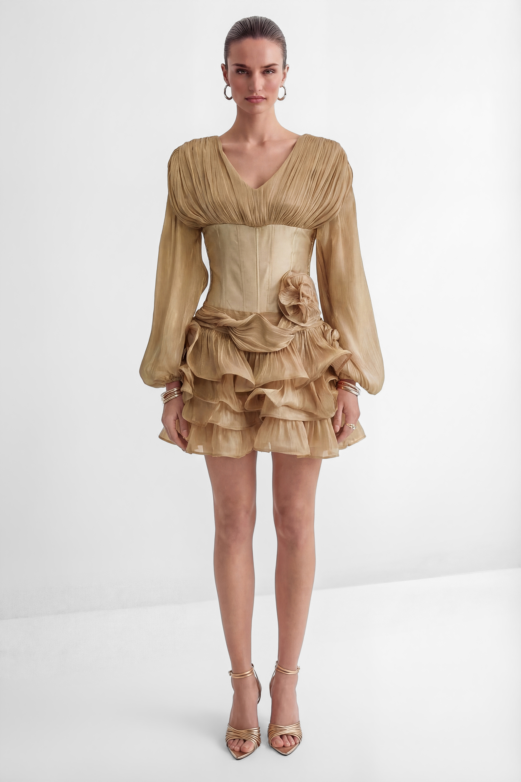 Dedicated To Glamour Khaki Corset Bodice Ruffled Mini Dress