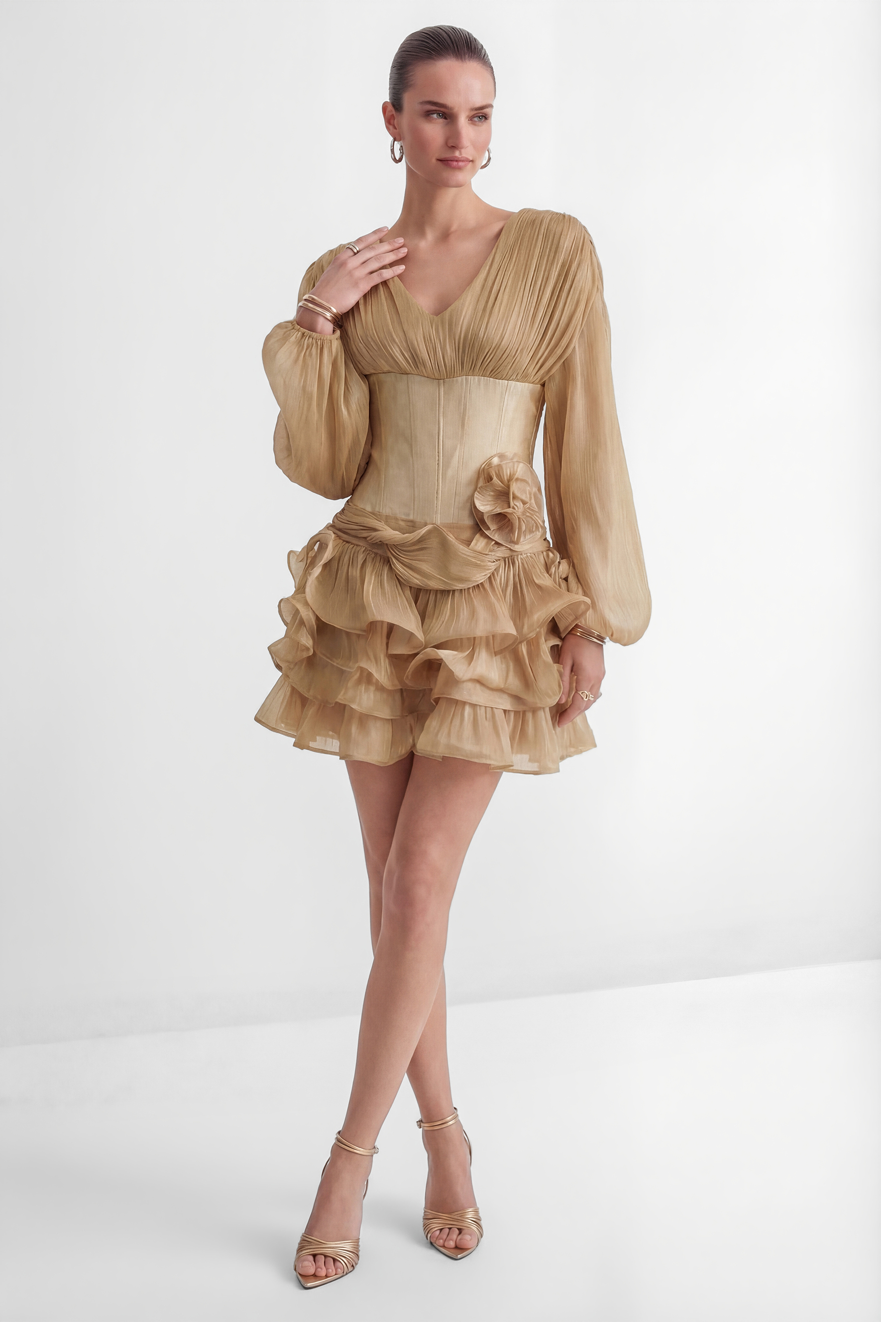 Dedicated To Glamour Khaki Corset Bodice Ruffled Mini Dress
