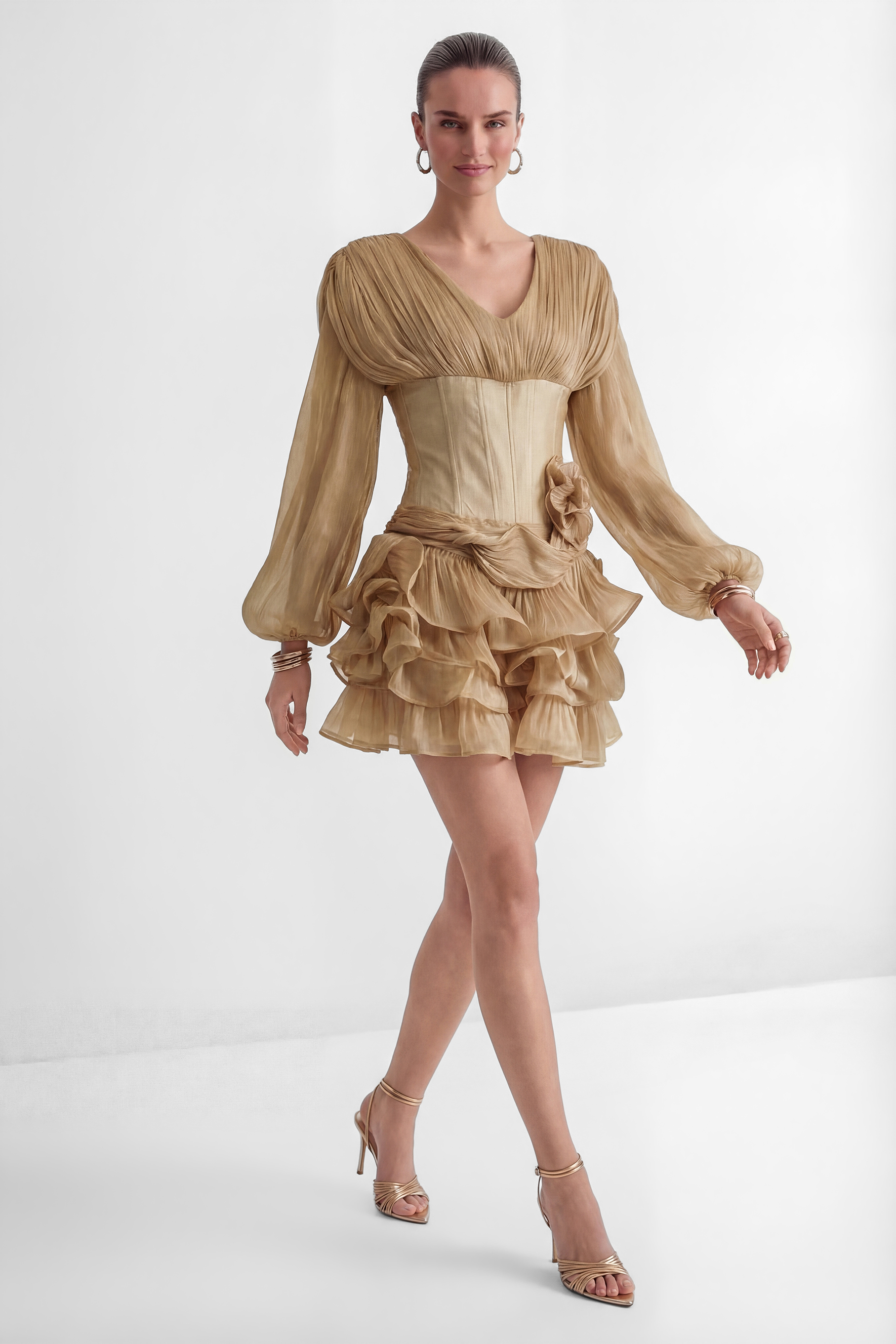 Dedicated To Glamour Khaki Corset Bodice Ruffled Mini Dress