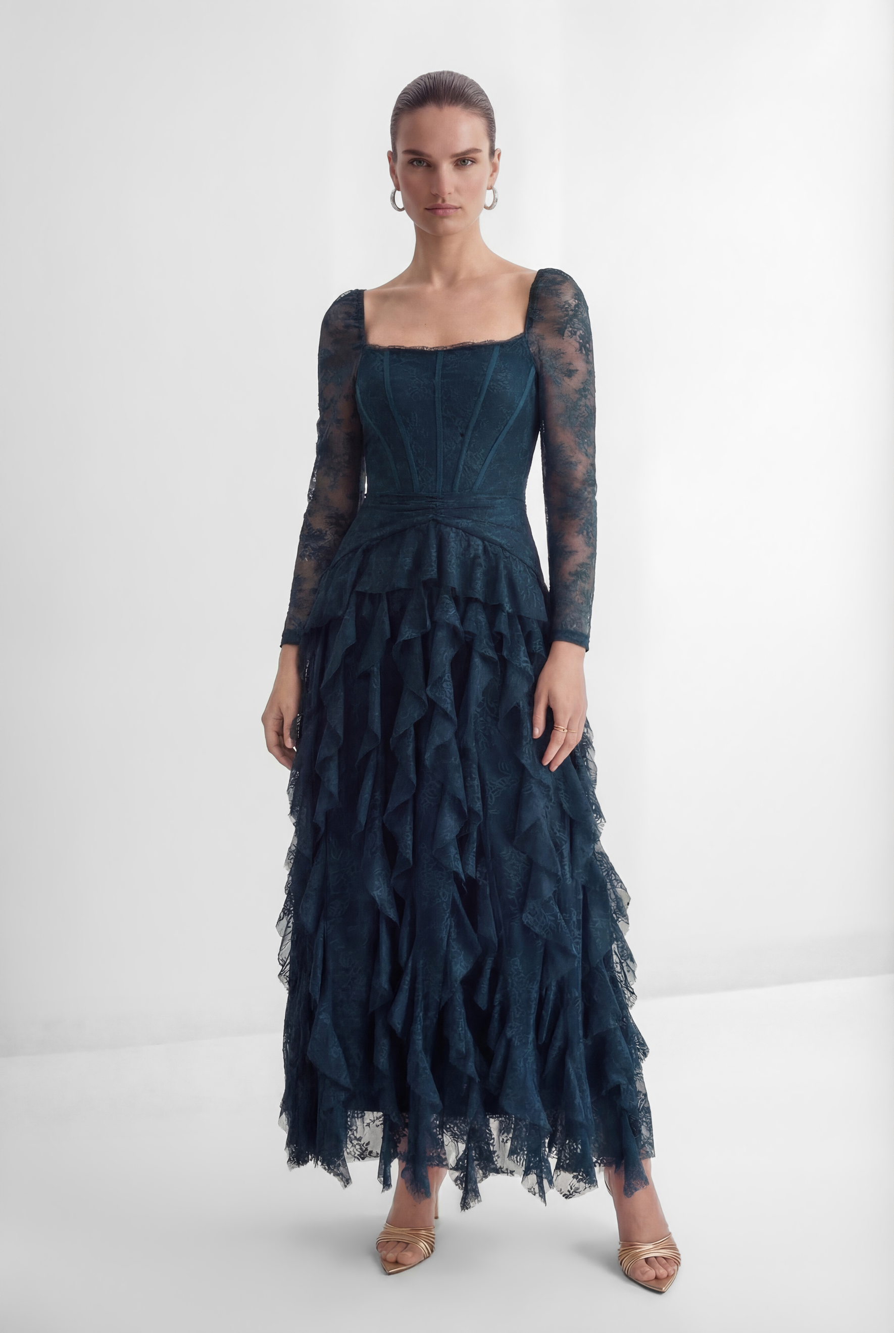 Romantic Tales Blue Lace Corset Bodice Ruffled Maxi Dress