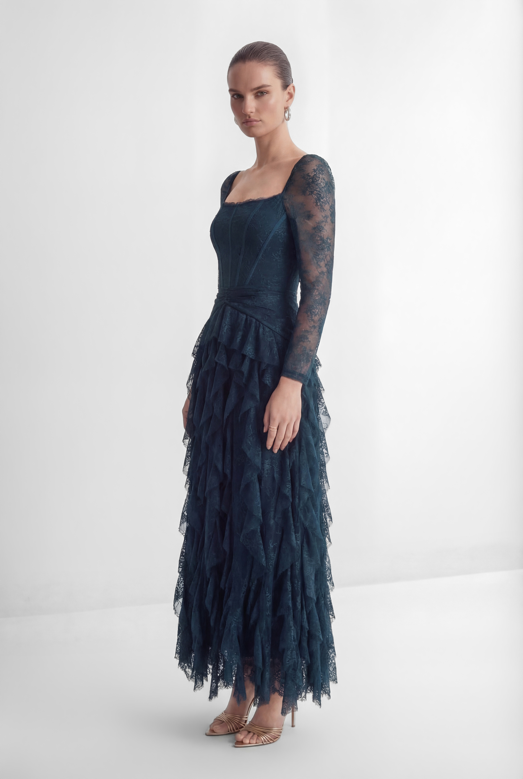 Romantic Tales Blue Lace Corset Bodice Ruffled Maxi Dress