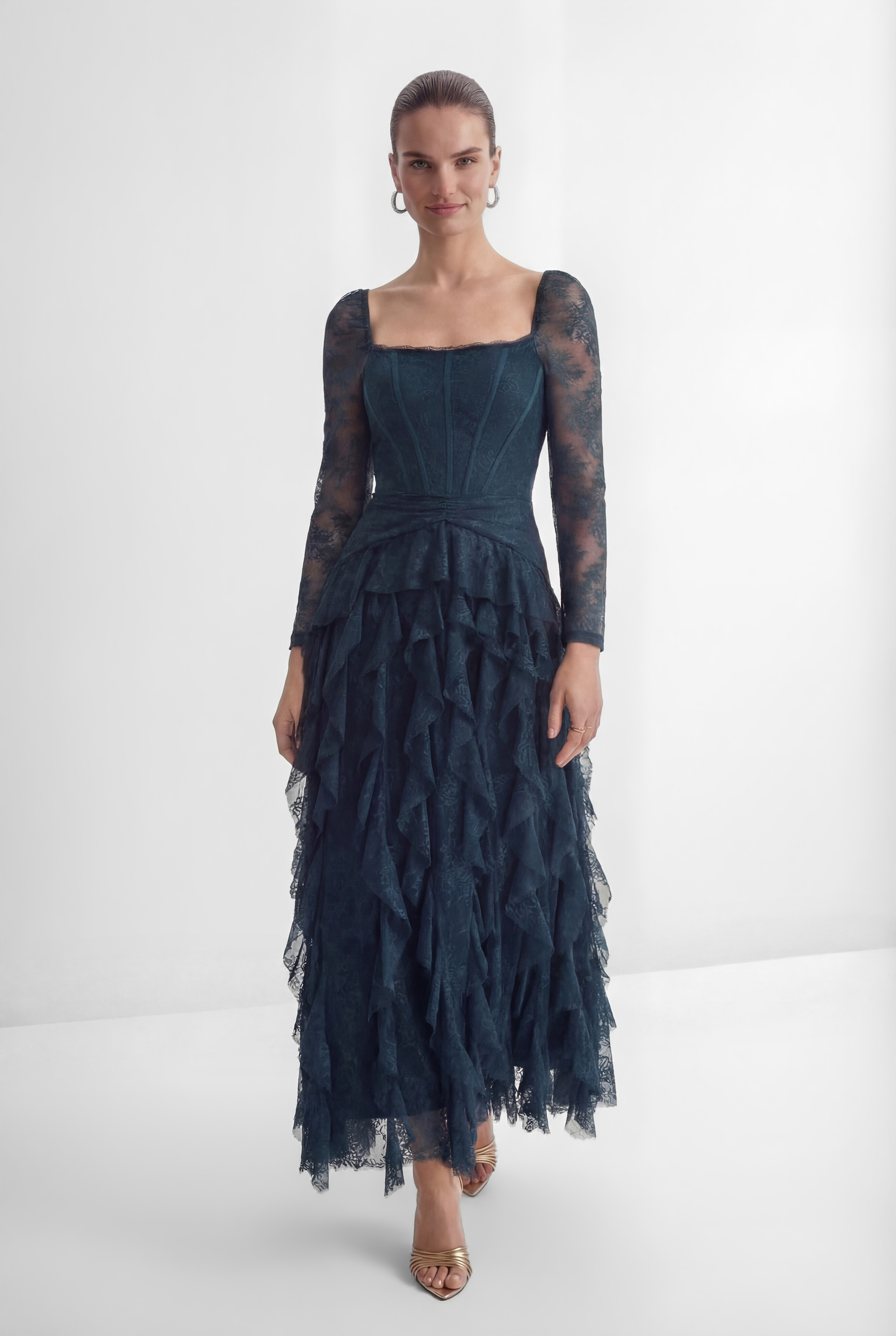 Romantic Tales Blue Lace Corset Bodice Ruffled Maxi Dress