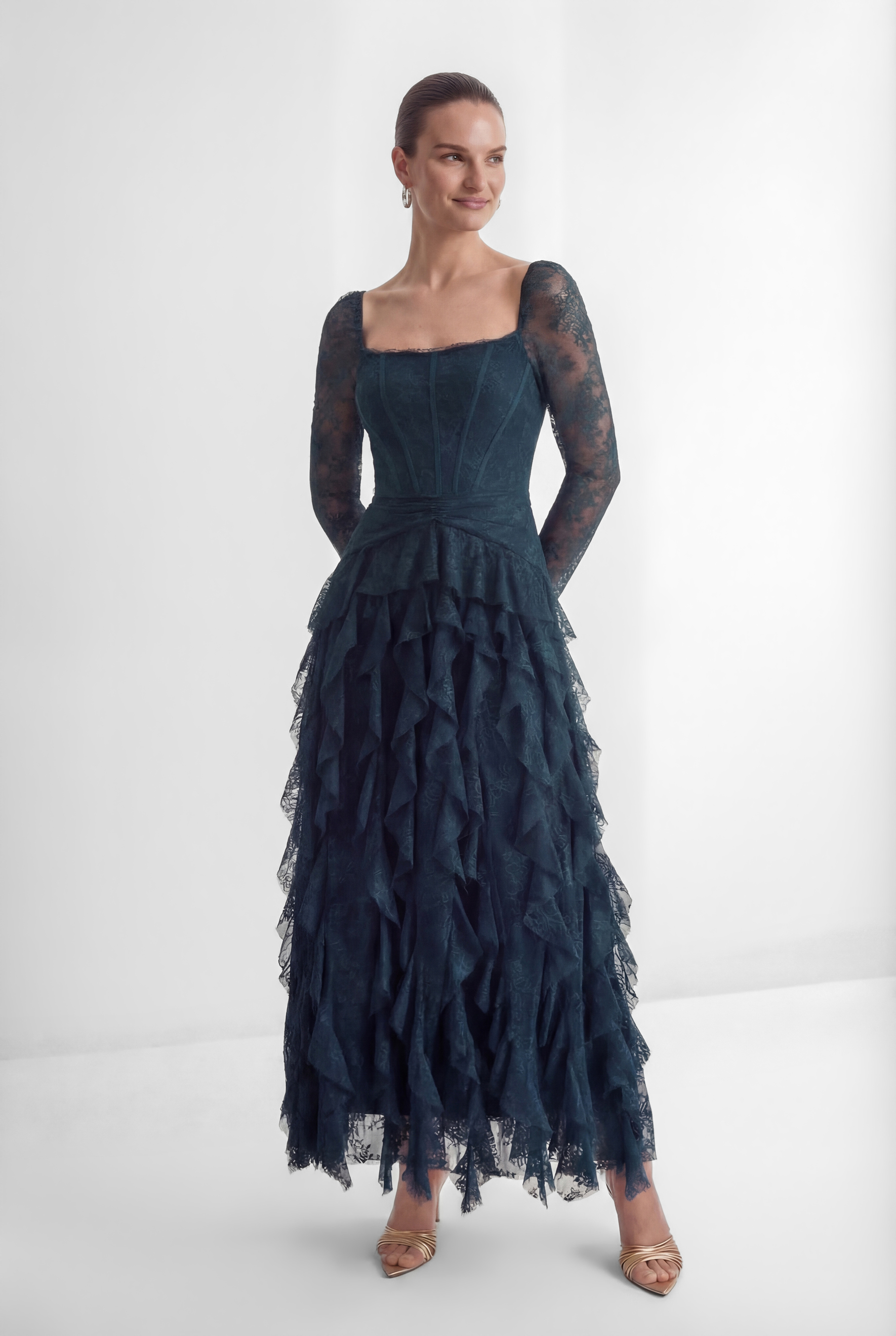 Romantic Tales Blue Lace Corset Bodice Ruffled Maxi Dress