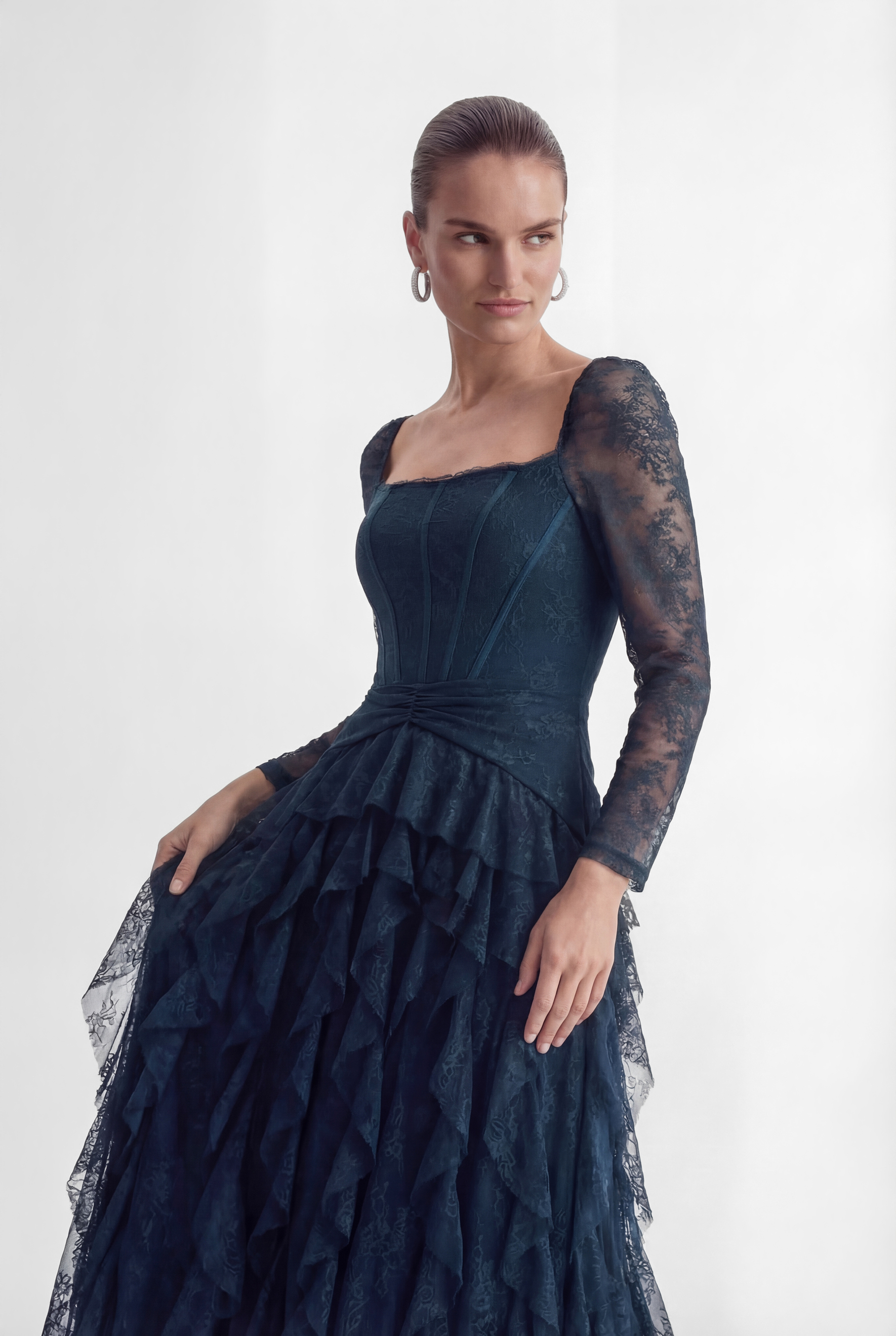 Romantic Tales Blue Lace Corset Bodice Ruffled Maxi Dress