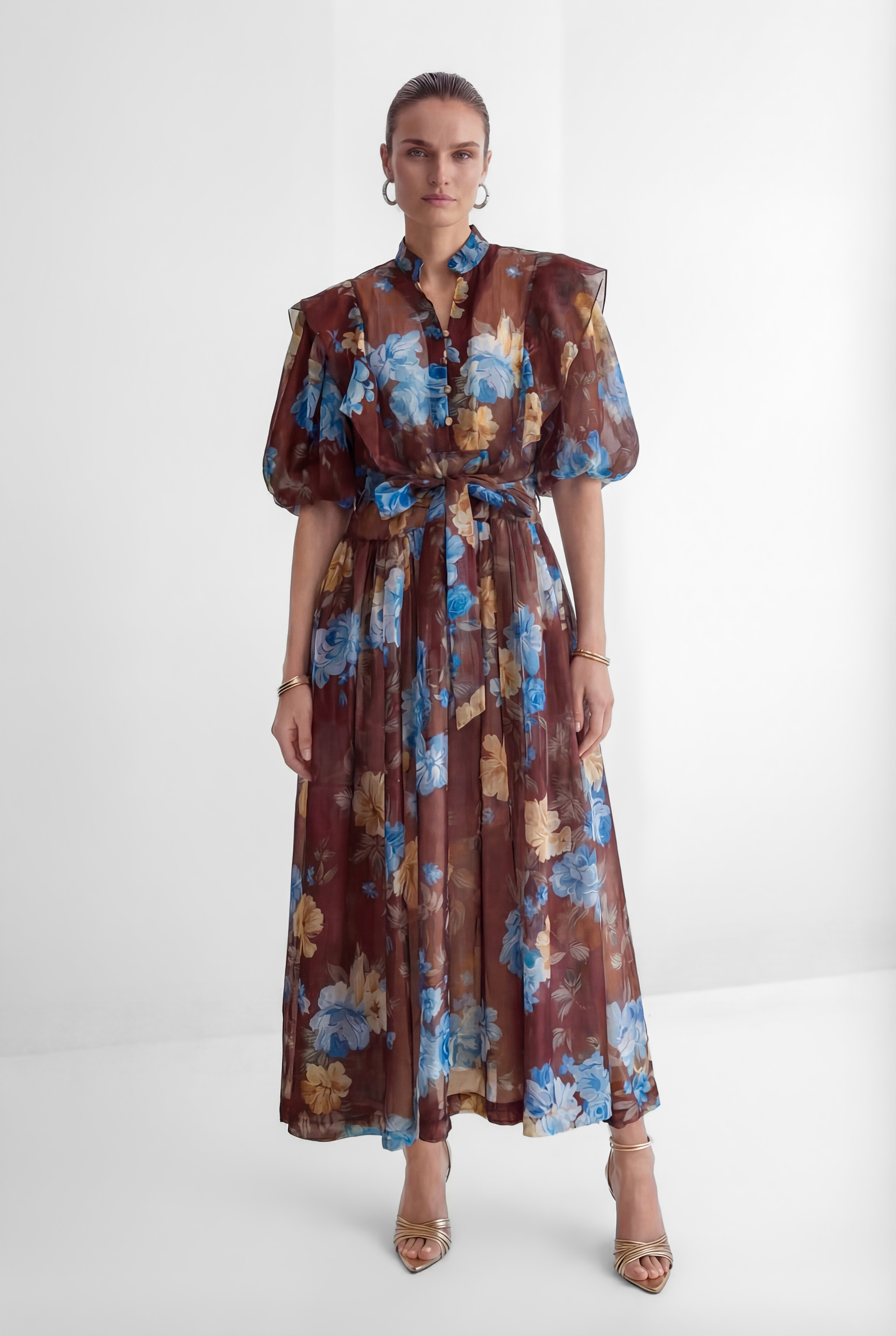 Oh-So Stunning Brown Floral Print Ruffled Maxi Dress