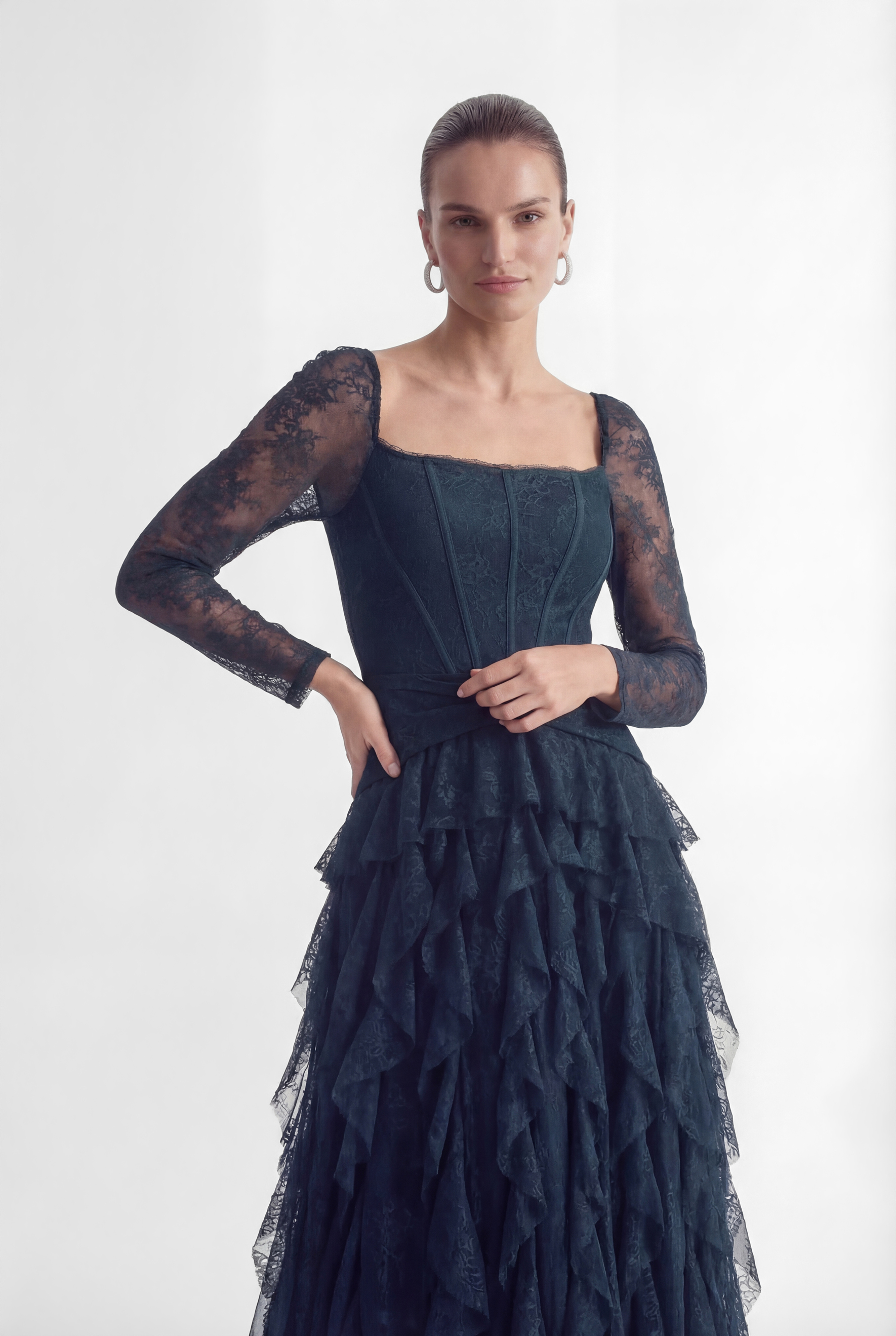 Romantic Tales Blue Lace Corset Bodice Ruffled Maxi Dress