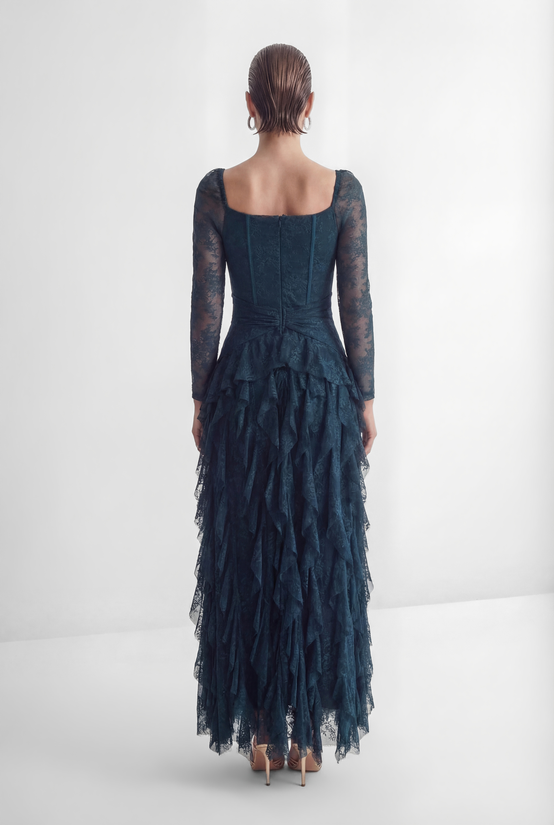 Romantic Tales Blue Lace Corset Bodice Ruffled Maxi Dress