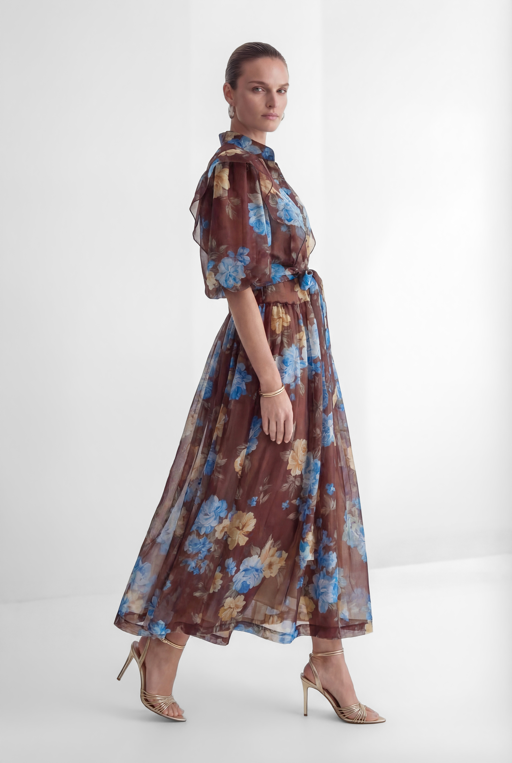 Oh-So Stunning Brown Floral Print Ruffled Maxi Dress