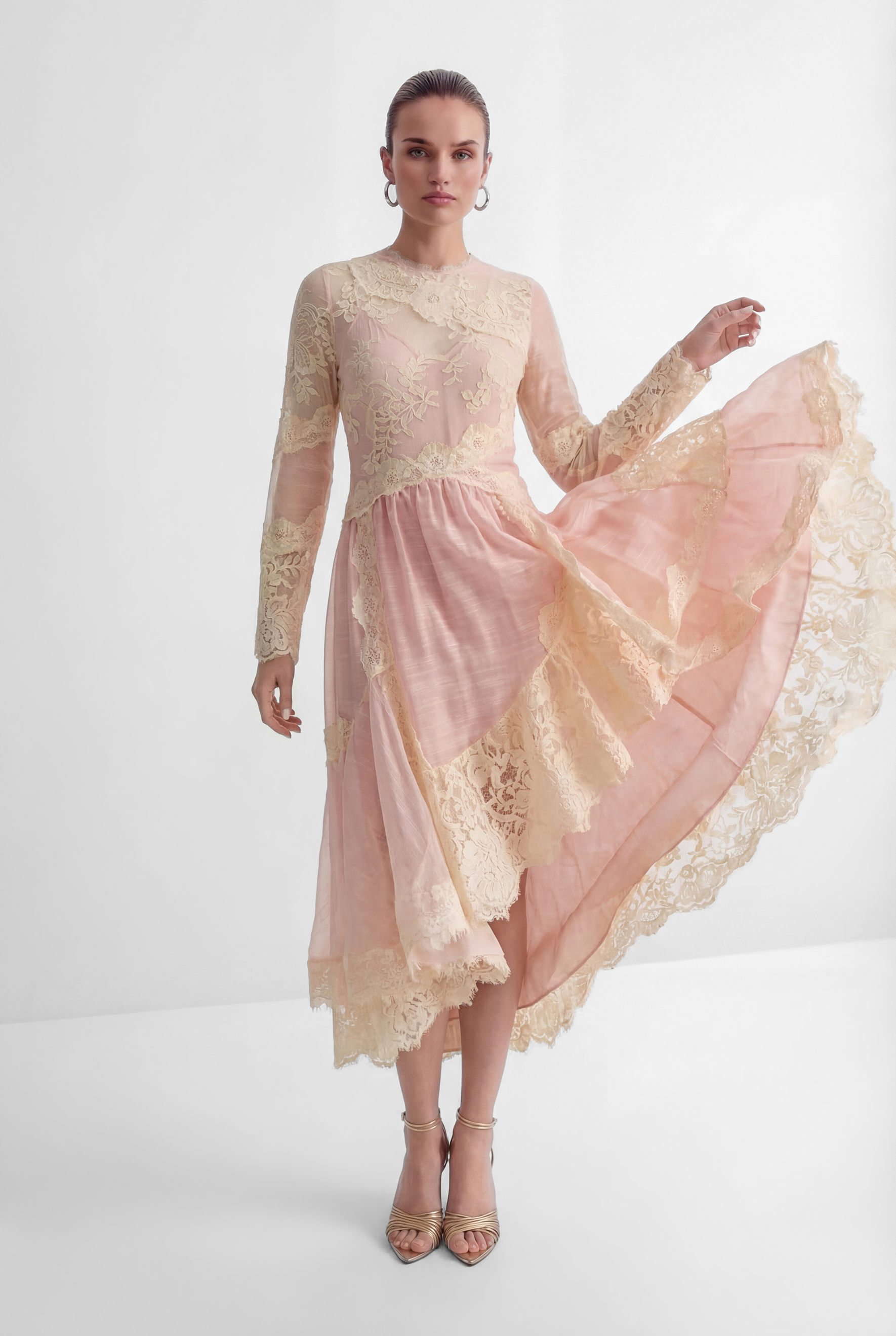 Sunlit Blossom Pink Embroidered Lace High Low Maxi Dress