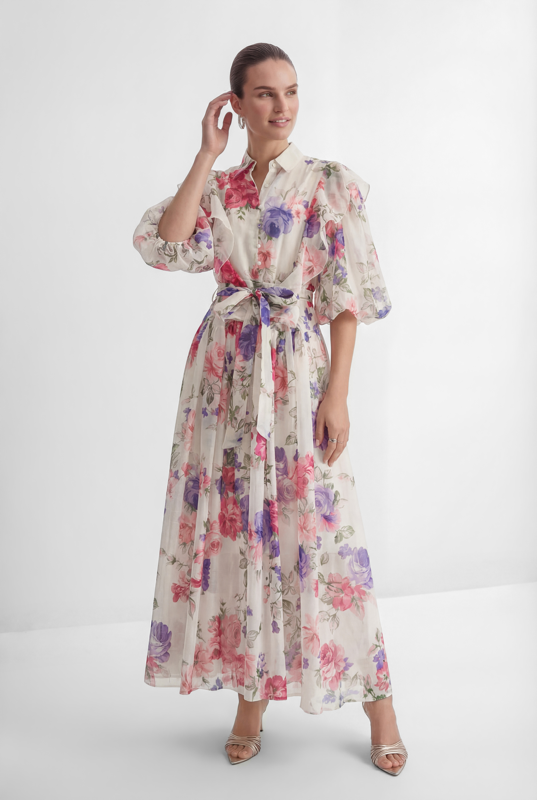Admirable Elegance Beige Floral Print Puff Sleeve Maxi Dress