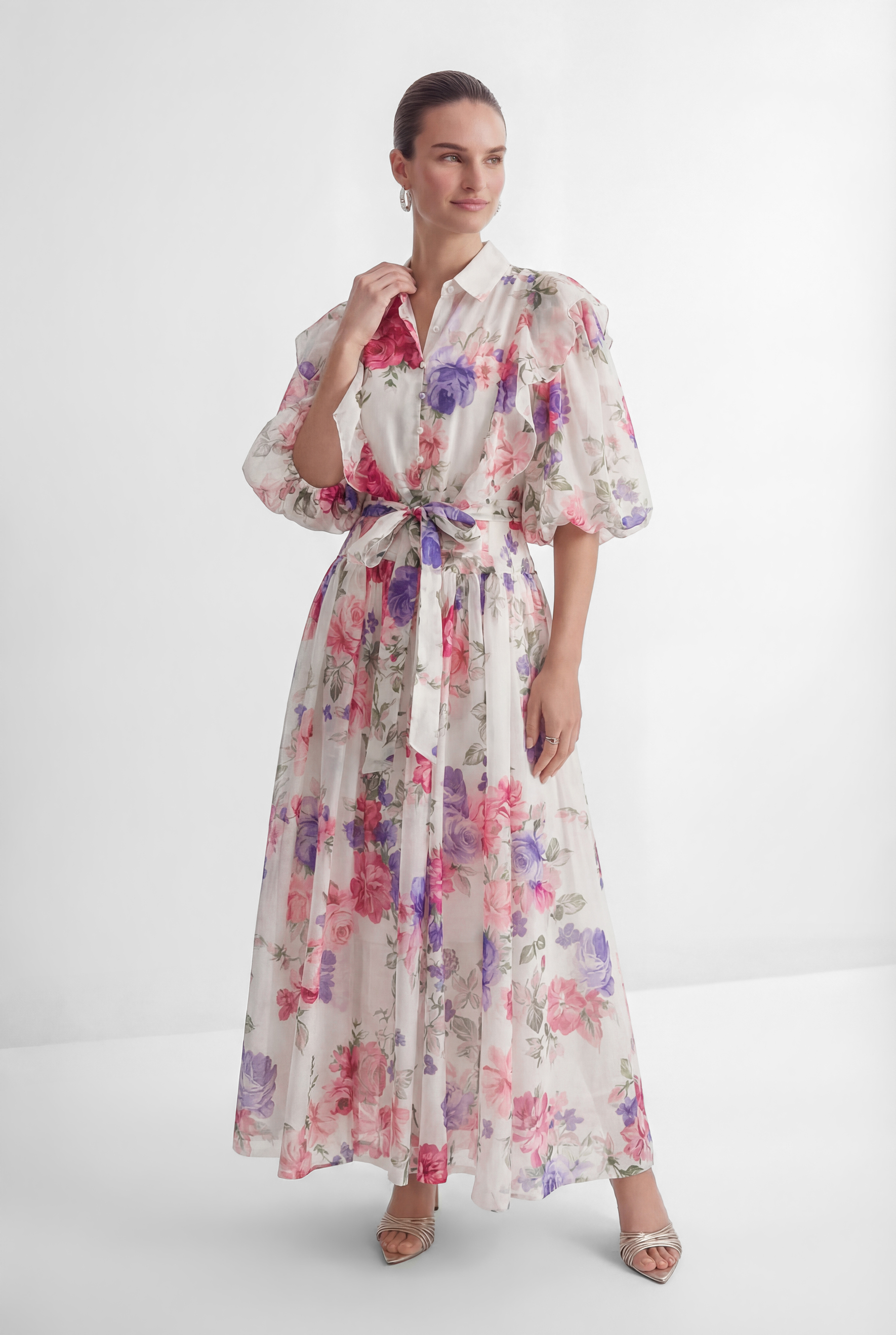 Admirable Elegance Beige Floral Print Puff Sleeve Maxi Dress