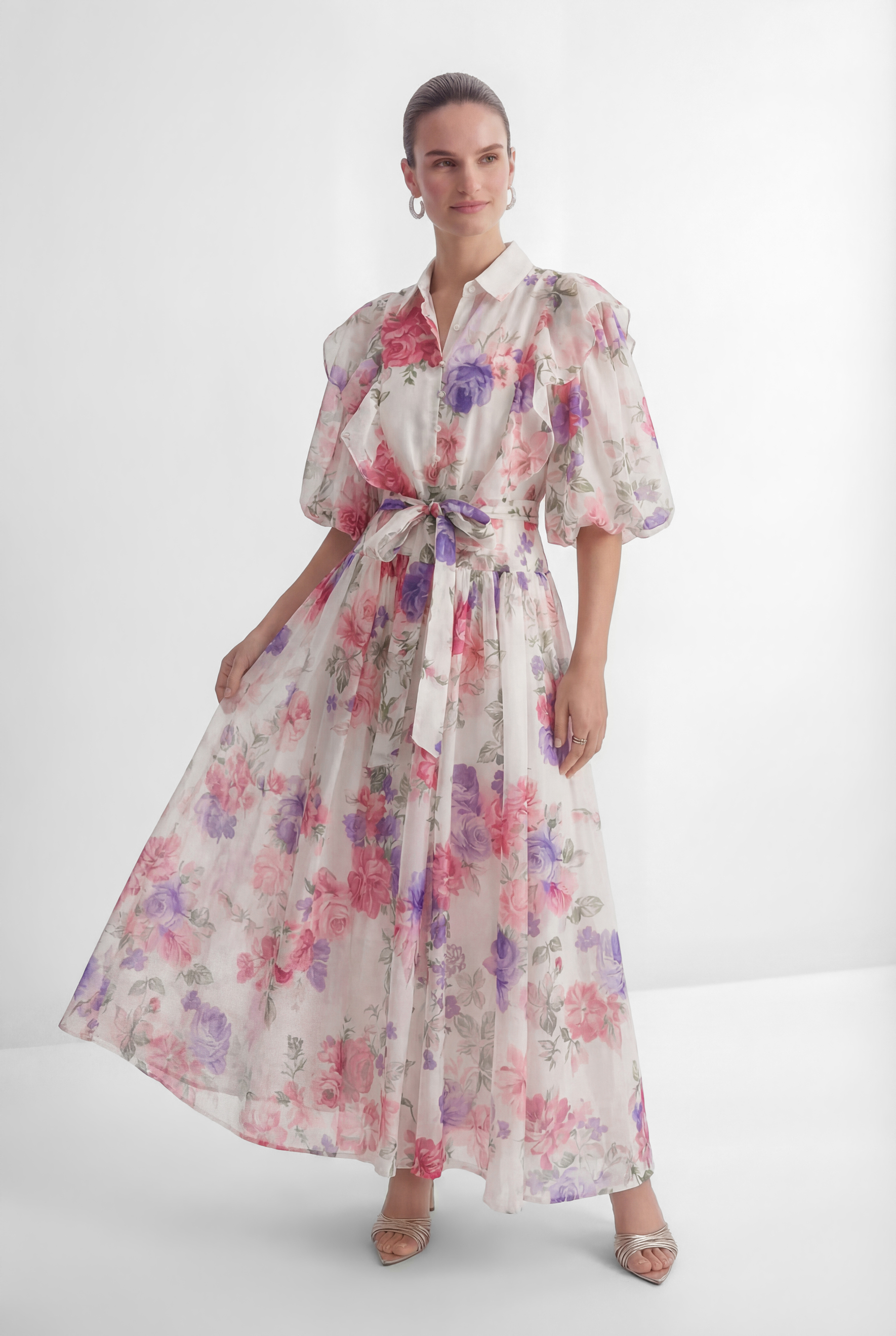 Admirable Elegance Beige Floral Print Puff Sleeve Maxi Dress