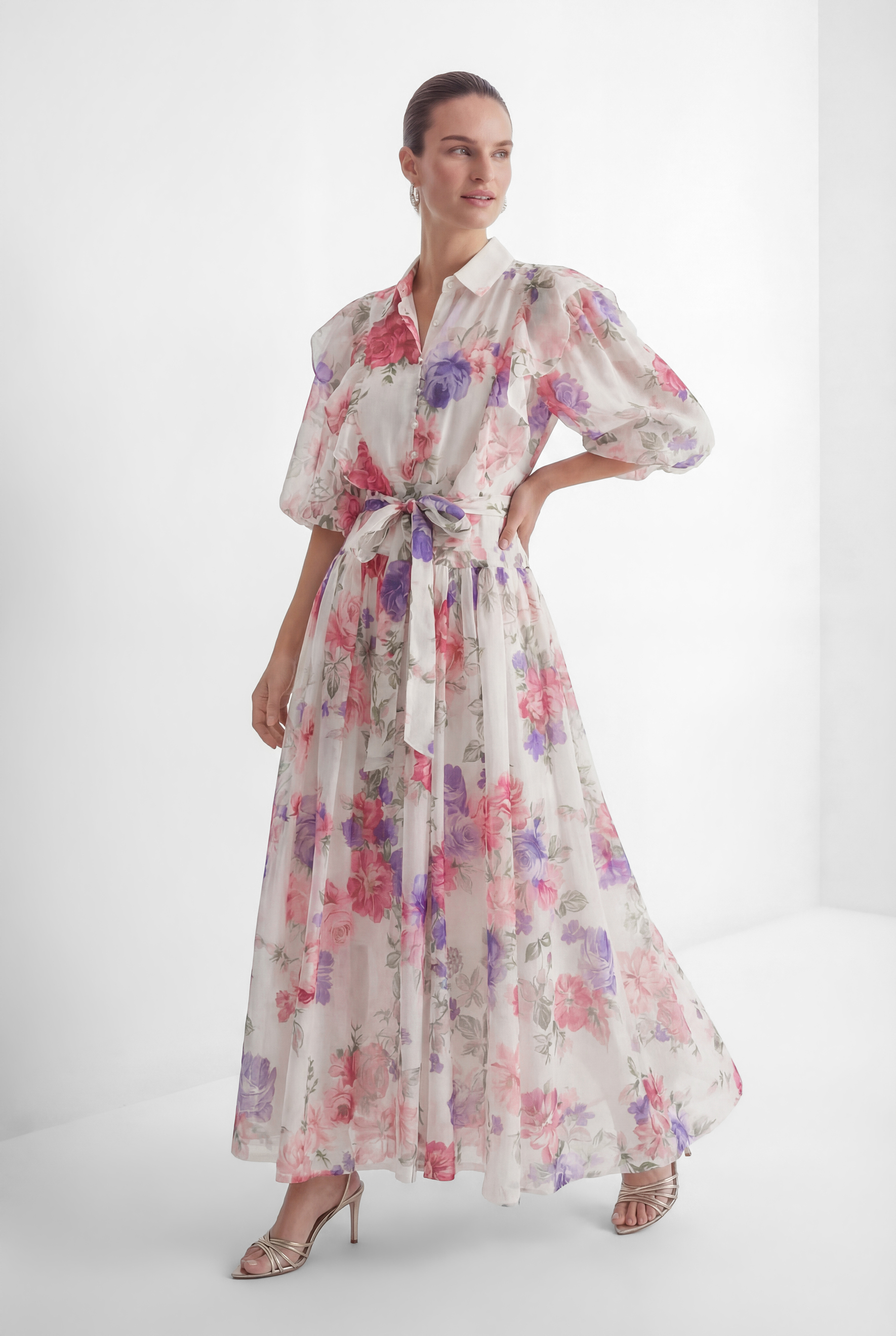 Admirable Elegance Beige Floral Print Puff Sleeve Maxi Dress