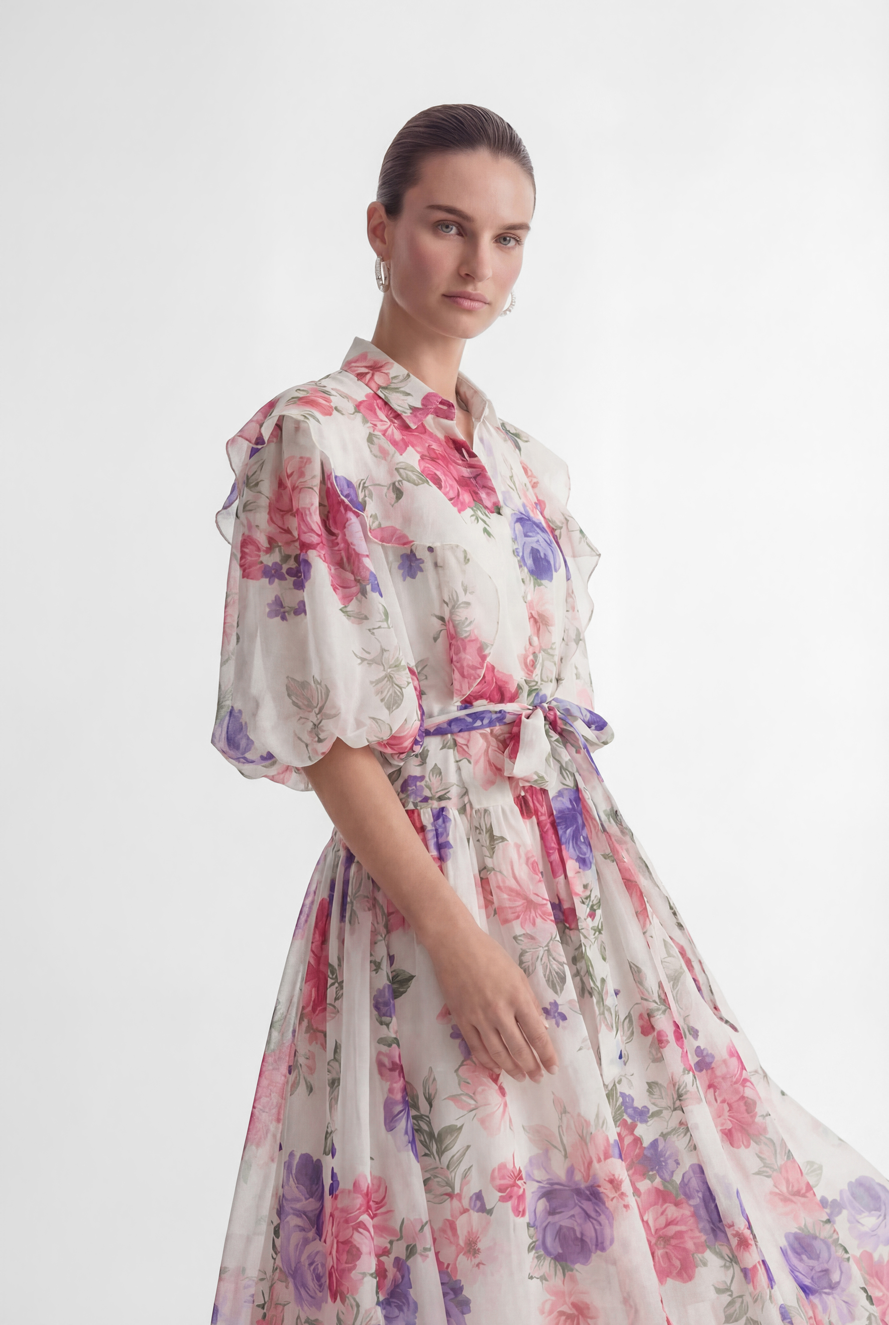 Admirable Elegance Beige Floral Print Puff Sleeve Maxi Dress