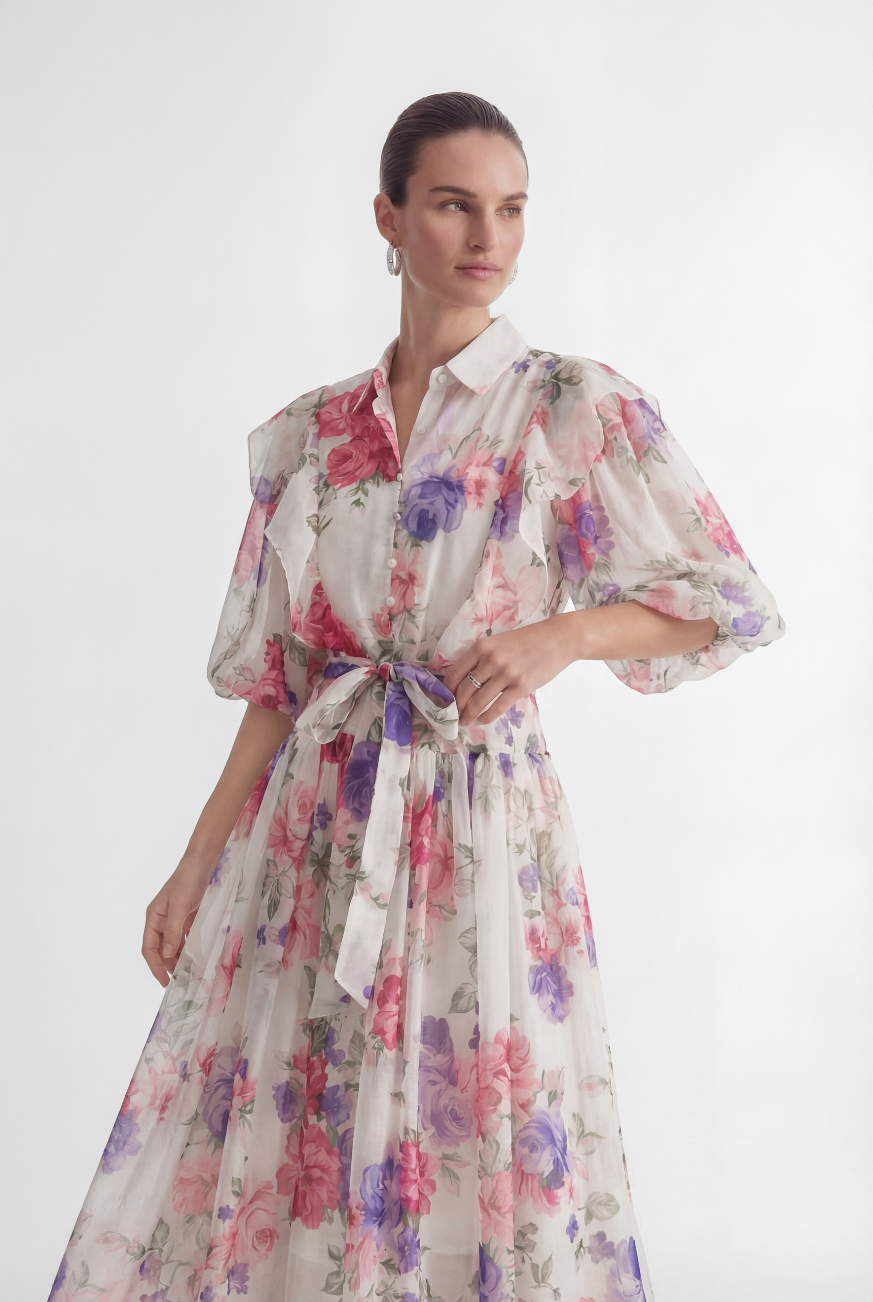 Admirable Elegance Beige Floral Print Puff Sleeve Maxi Dress