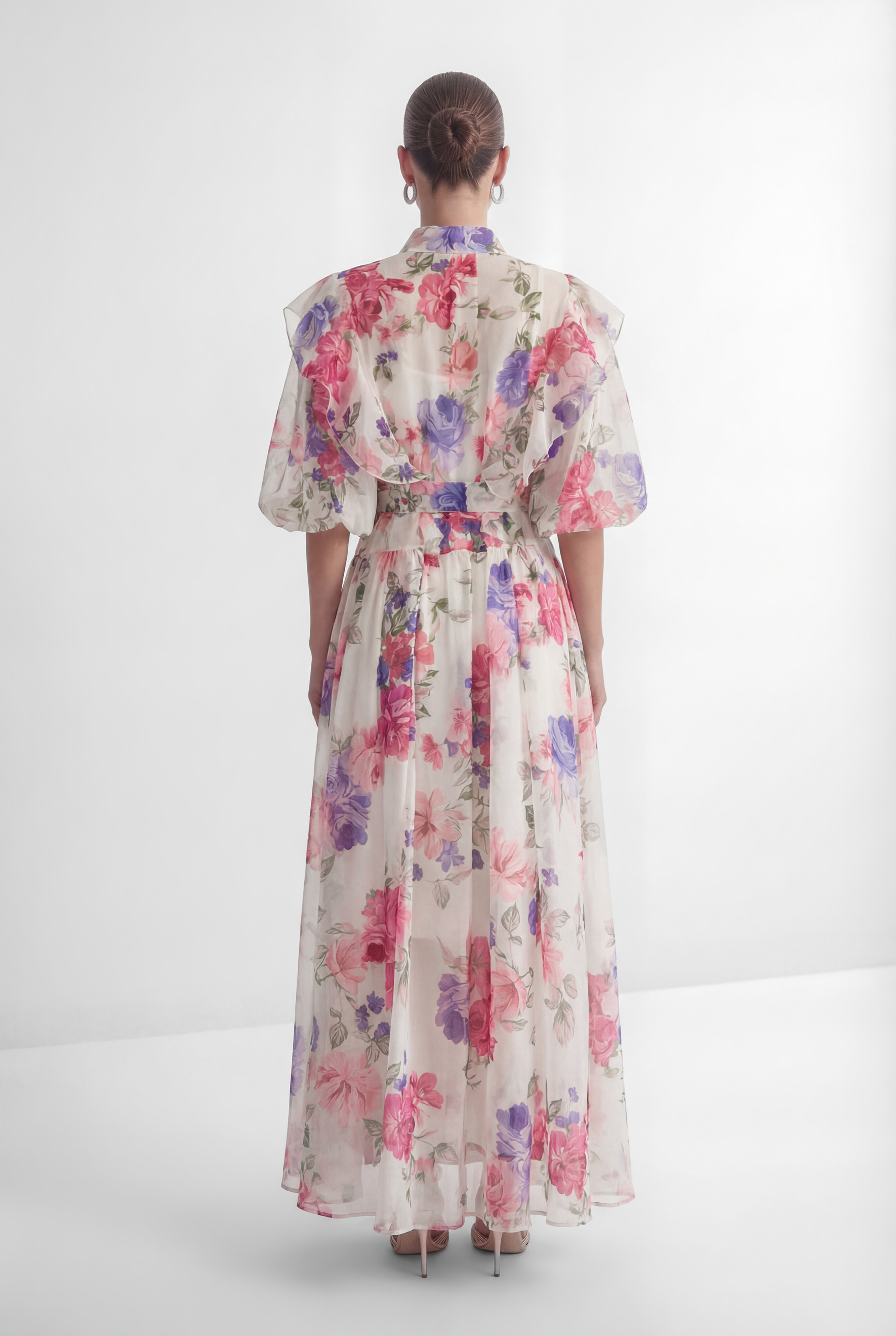 Admirable Elegance Beige Floral Print Puff Sleeve Maxi Dress