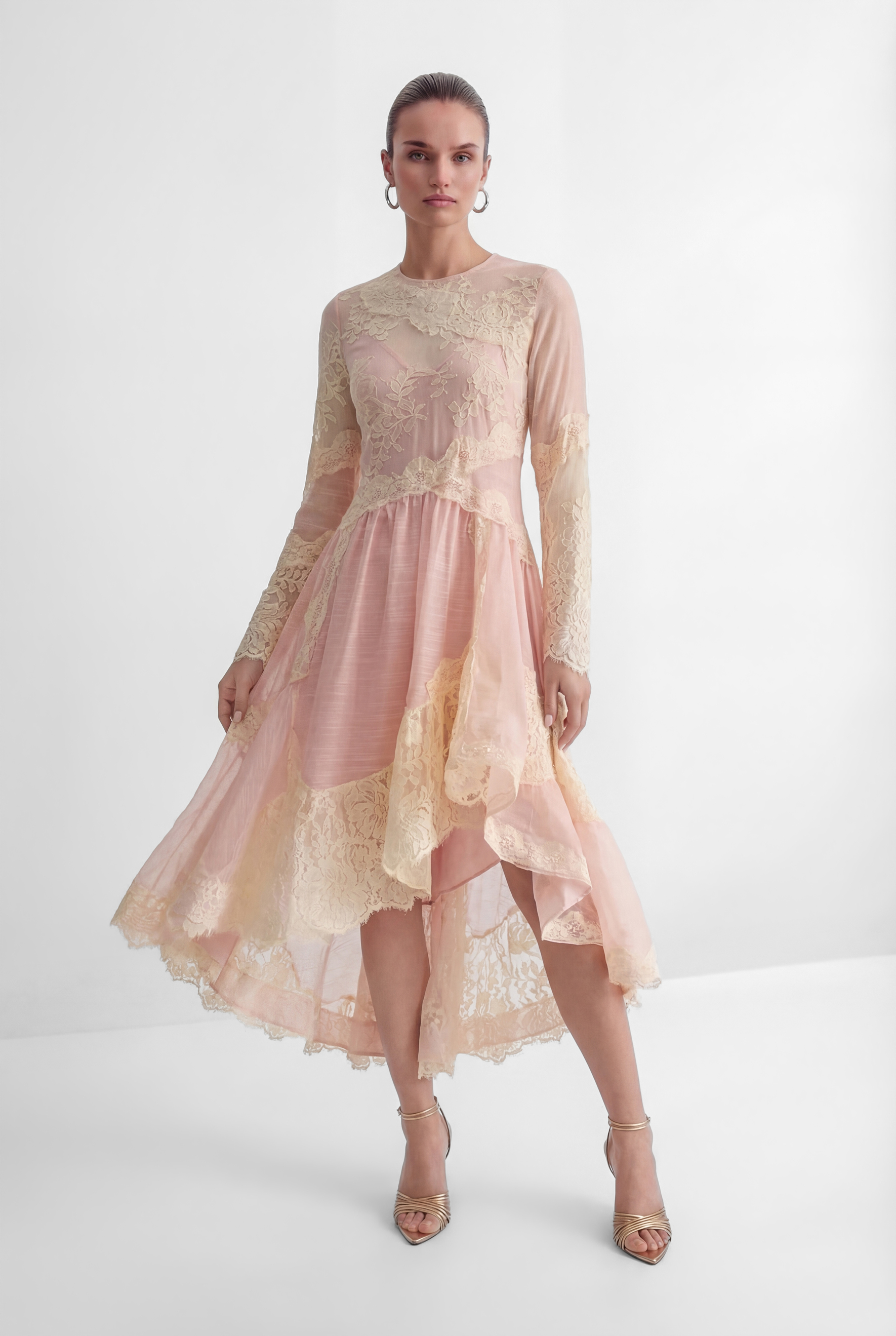 Sunlit Blossom Pink Embroidered Lace High Low Maxi Dress
