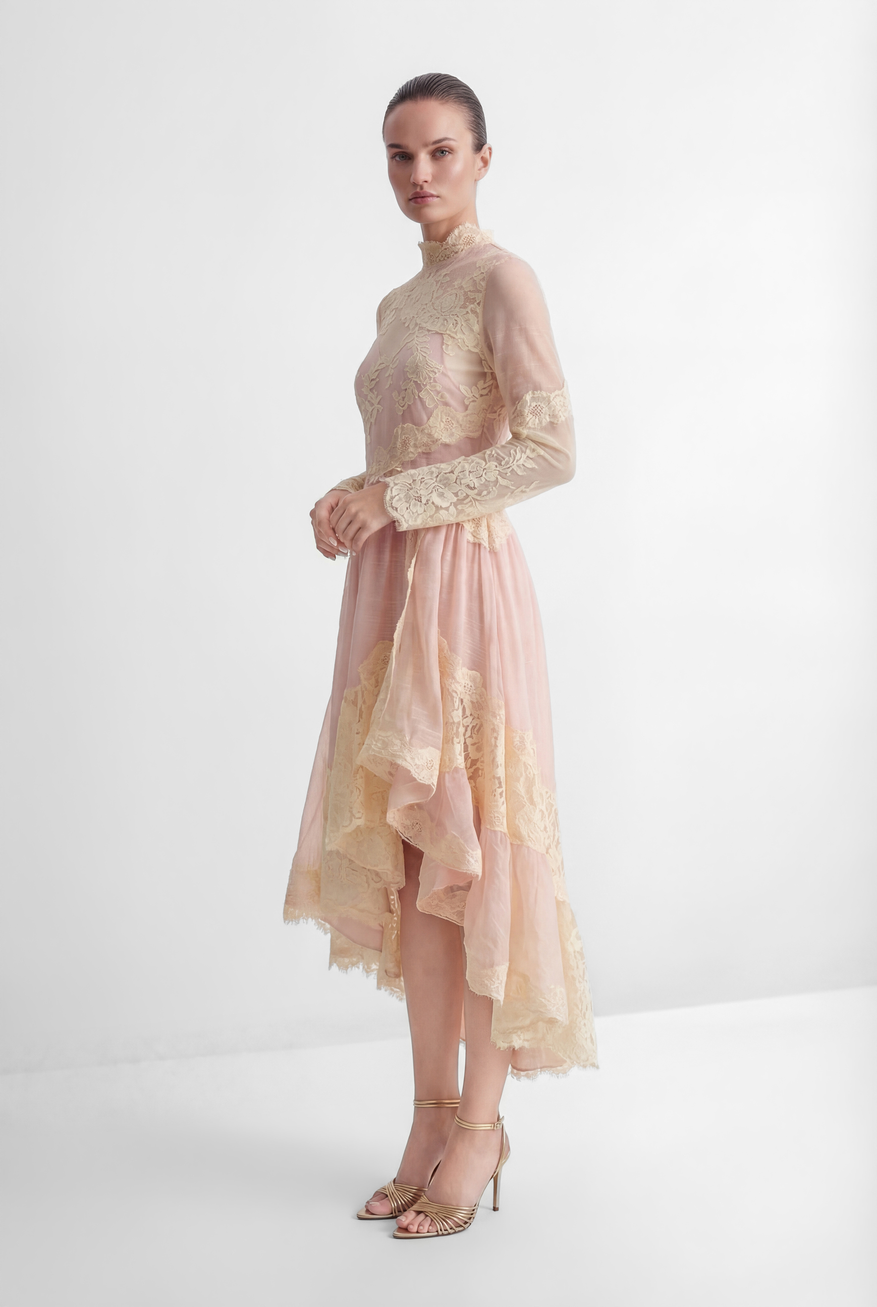 Sunlit Blossom Pink Embroidered Lace High Low Maxi Dress