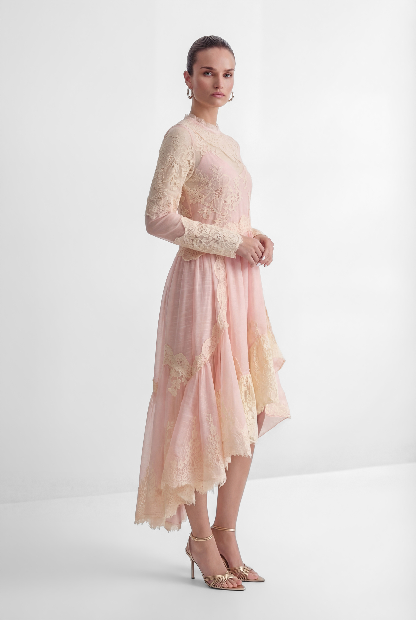 Sunlit Blossom Pink Embroidered Lace High Low Maxi Dress