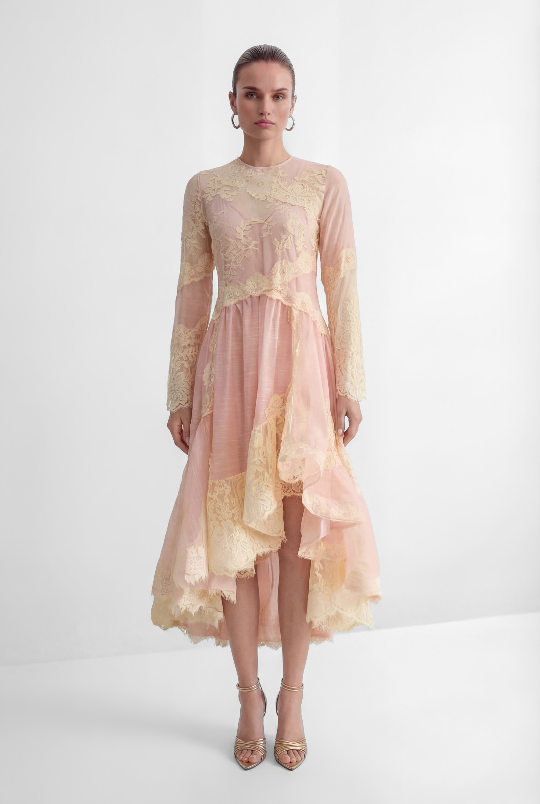 Sunlit Blossom Pink Embroidered Lace High Low Maxi Dress